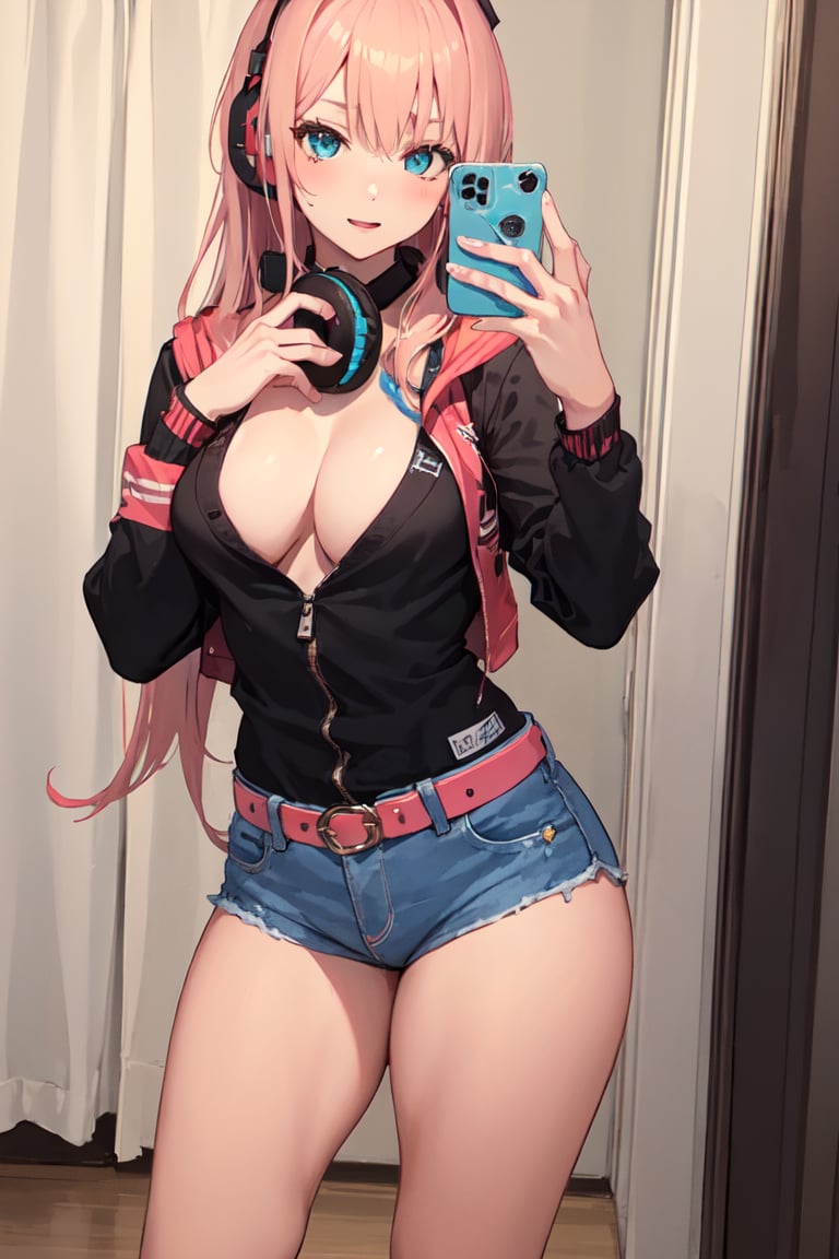 a cute girl, headphones, selfie, tiktok, perfect sized boobs 