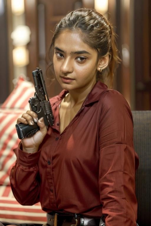 (1girl, solo),  ntg anushka sen, sitting on sofa, ponytail, holding pistol, red shirt, expressionless, high resolution, highly detailed,  <lora:[Celeb] Anushka Sen v1:1>