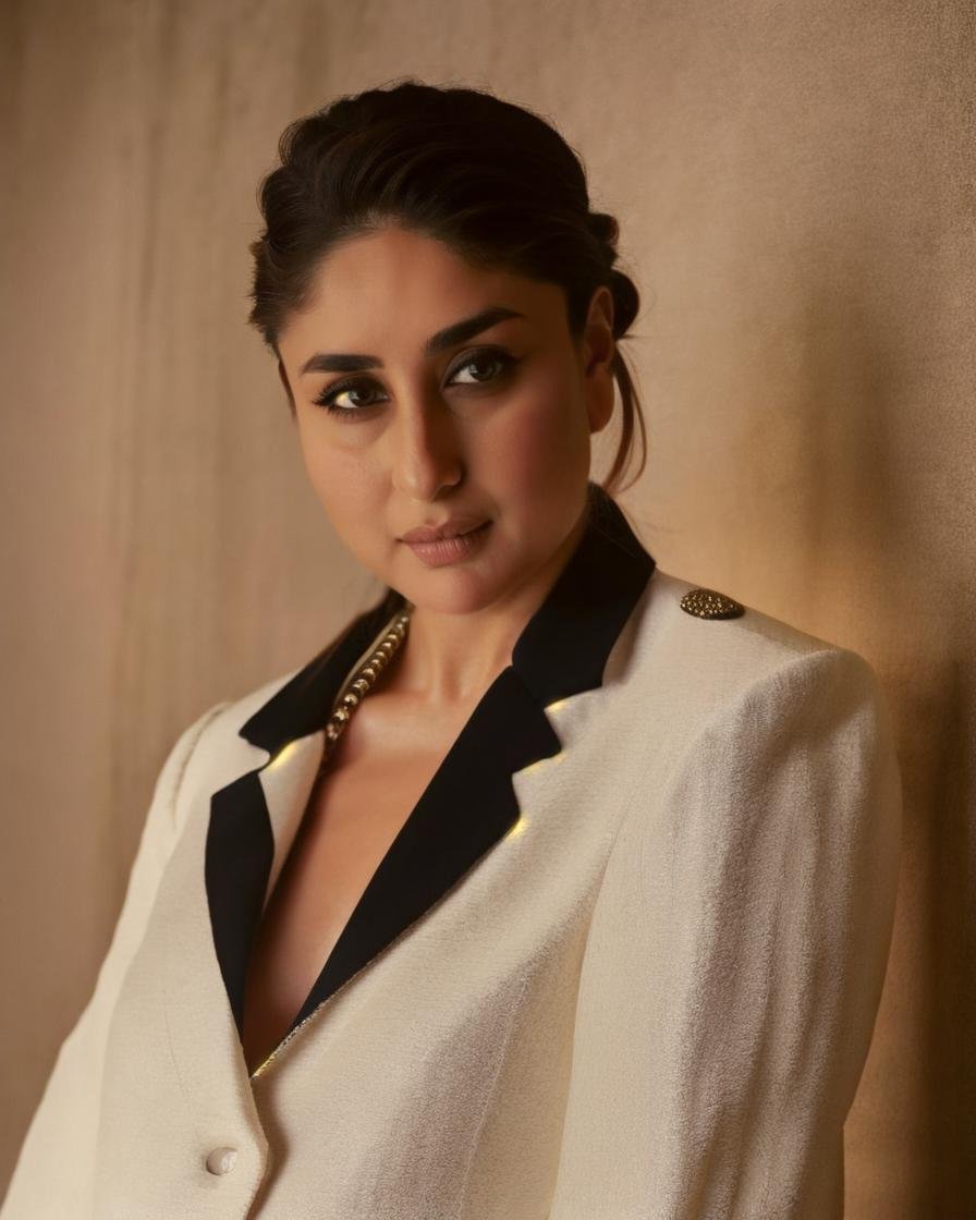 ntg kareena kapoor, white suit with necklace, seductive expression, studio lighting, photography studio backdrop, 1girl, solo, masterpiece, detailed photo, highly detailed, high definition, Hasselblad, no makeup, no filter, rustic, <lora:kareena_kapoor:1>, looking at camera, cowboy shot, close up, parted lips,