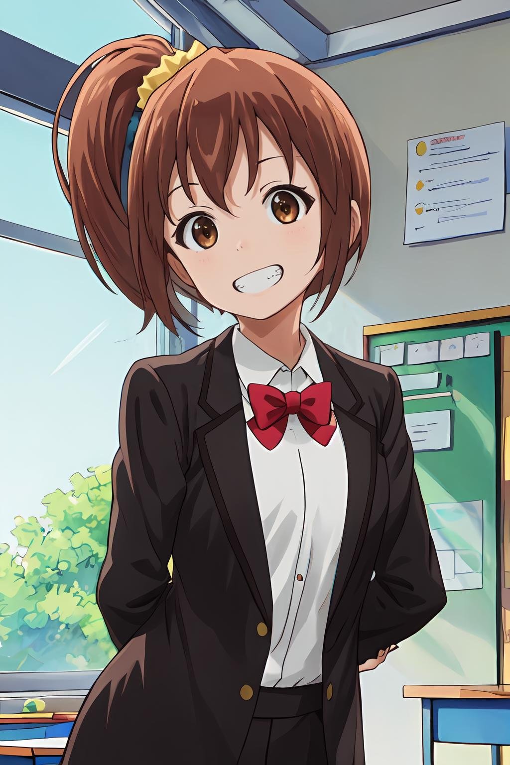 (masterpiece, best quality:1.2), highres, 1girl, solo, grin, teeth, clenched teeth, Kanakana_V1, brown hair, short hair, side ponytail, brown eyes, hair ornament, yellow scrunchie, school uniform, blazer, jacket, long sleeves, white shirt, red bowtie,  standing, leaning forward, arms behind back, indoors, school, looking at viewer, upper body, <lora:add_detail_CyberAlchemist:0.4>, <lora:GoodHands-beta2:0.8>, <lora:KanakanaV1_1-000026:0.9>