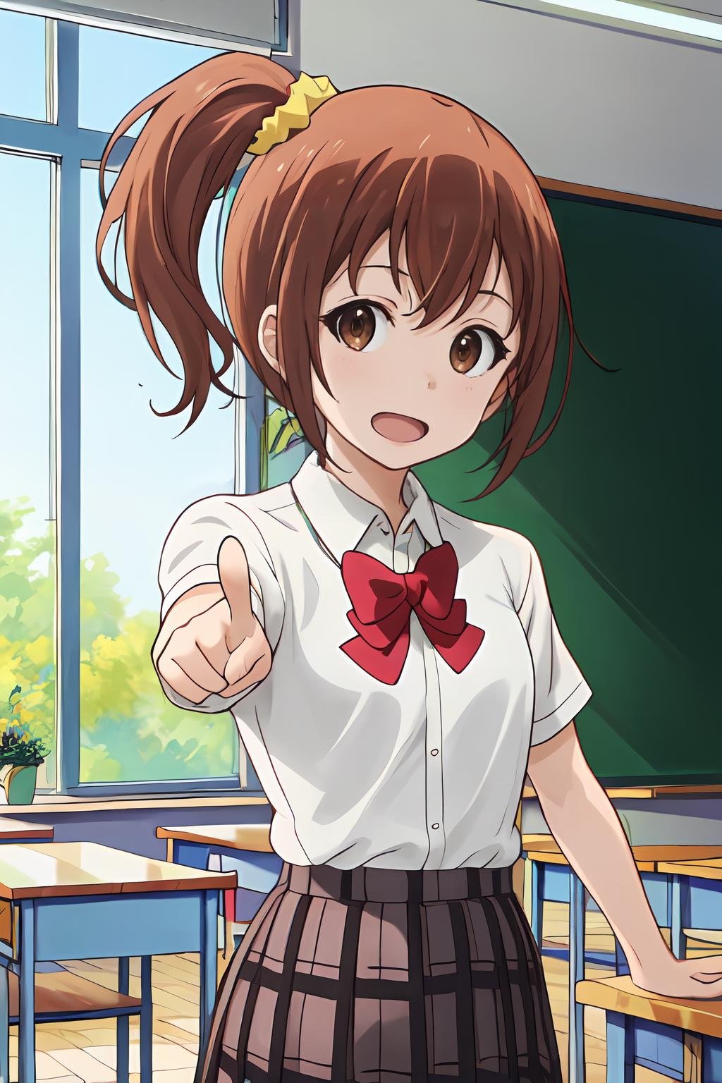 (masterpiece, best quality:1.2), highres, 1girl, solo, open mouth, Kanakana_V1, brown hair, short hair, side ponytail, brown eyes, hair ornament, yellow scrunchie, school uniform, white shirt, short sleeves, red bowtie, pleated skirt, plaid skirt, standing, pointing at viewer, indoors, school, classroom, looking at viewer, <lora:add_detail_CyberAlchemist:0.4>, <lora:GoodHands-beta2:1>, <lora:KanakanaV1_1-000026:0.9>