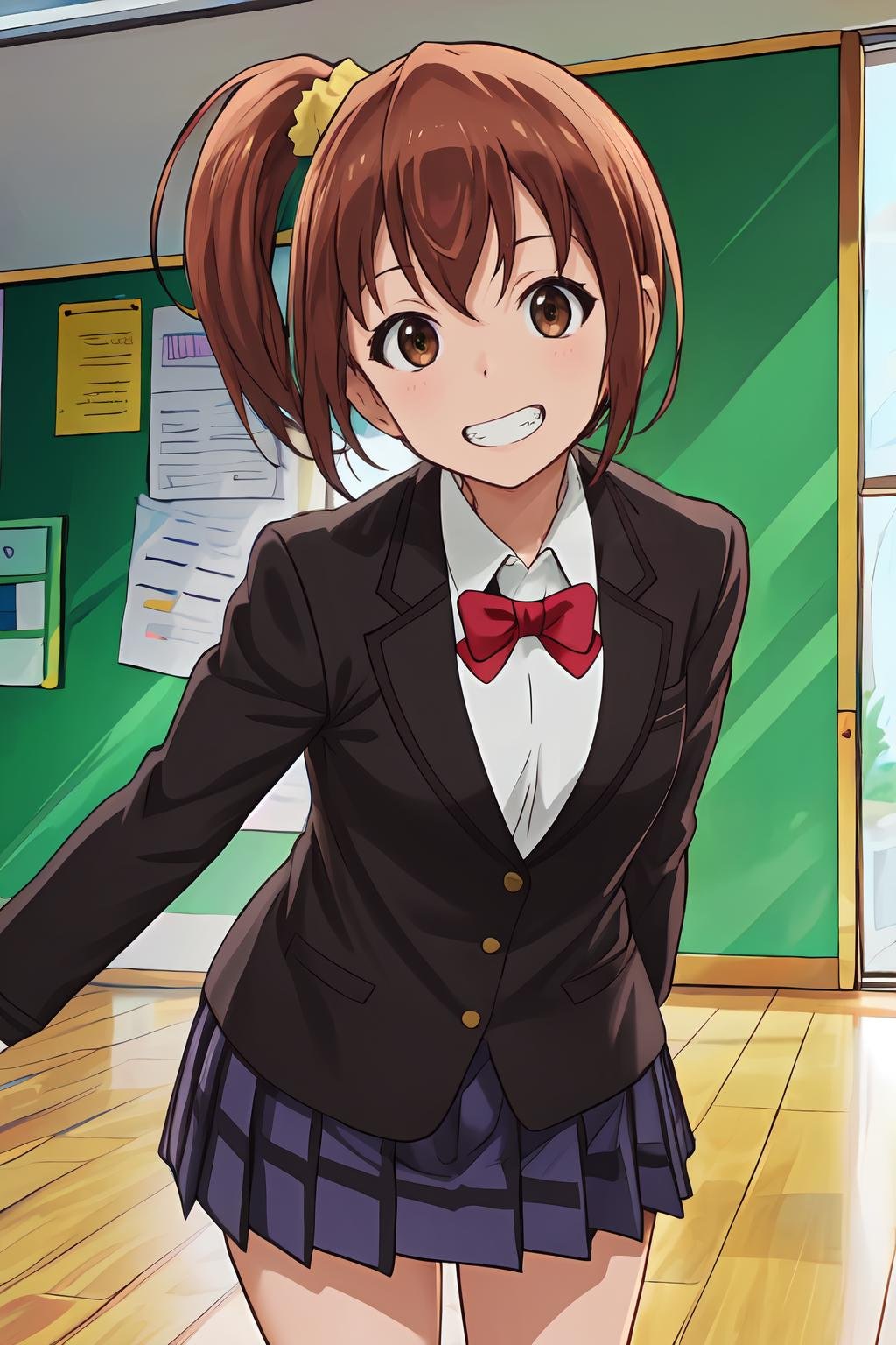 (masterpiece, best quality:1.2), highres, 1girl, solo, grin, teeth, clenched teeth, Kanakana_V1, brown hair, short hair, side ponytail, brown eyes, hair ornament, yellow scrunchie, school uniform, blazer, jacket, long sleeves, white shirt, red bowtie,  standing, leaning forward, arms behind back, indoors, school, looking at viewer, upper body, <lora:add_detail_CyberAlchemist:0.4>, <lora:GoodHands-beta2:0.8>, <lora:KanakanaV1_1-000026:0.9>