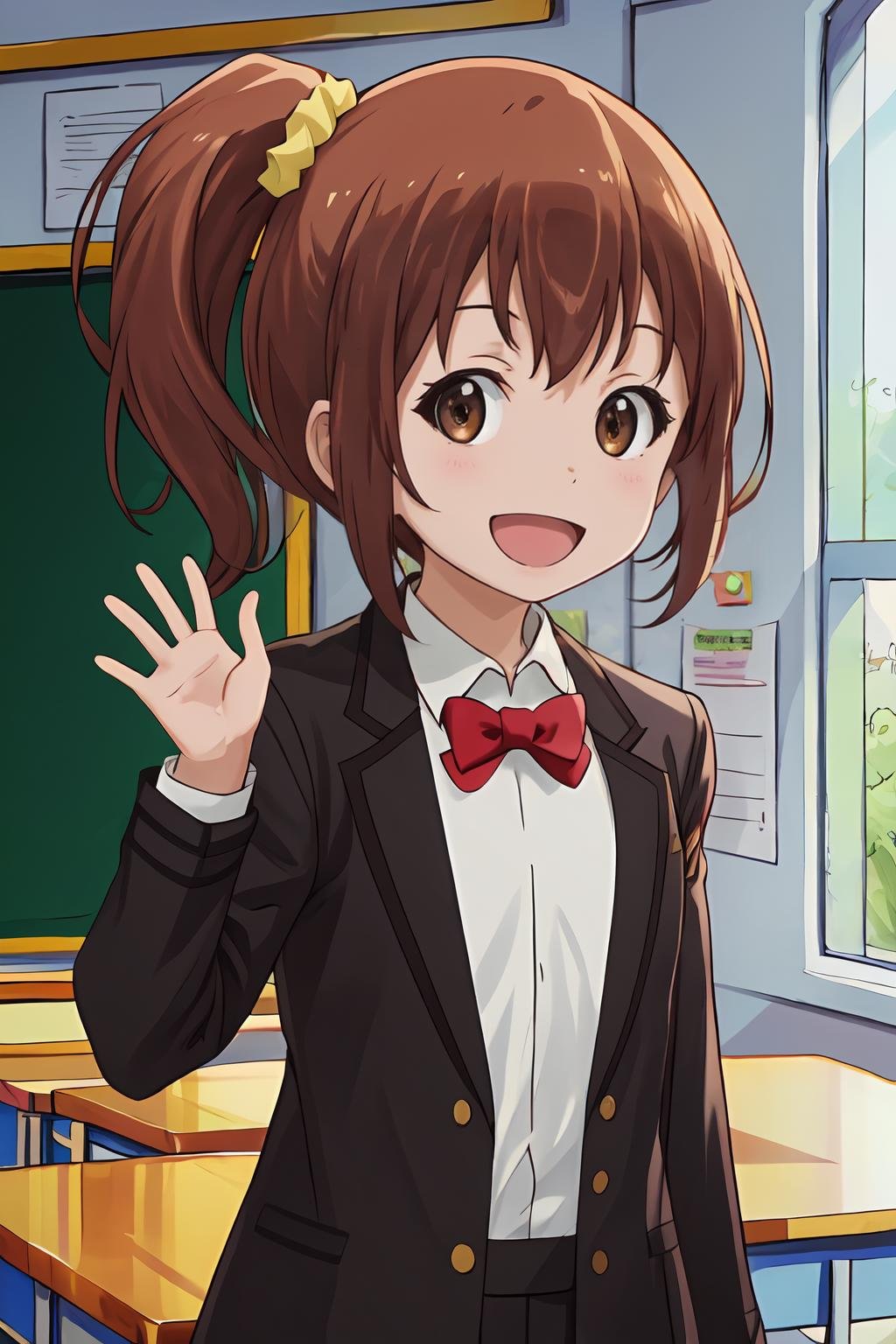 (masterpiece, best quality:1.2), highres, 1girl, solo, smile, open mouth, :d, Kanakana_V1, brown hair, short hair, side ponytail, brown eyes, hair ornament, yellow scrunchie, school uniform, blazer, jacket, long sleeves, white shirt, red bowtie,  standing, hand up, indoors, school, looking at viewer, upper body, <lora:add_detail_CyberAlchemist:0.4>, <lora:GoodHands-beta2:0.8>, <lora:KanakanaV1_1-000026:0.9>