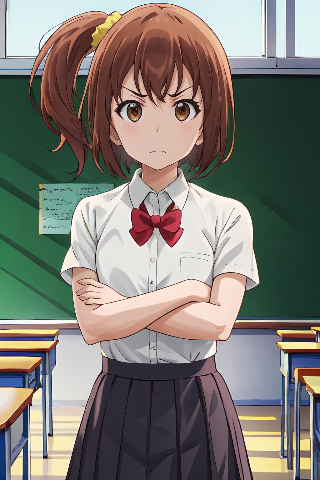 (masterpiece, best quality:1.2), highres, 1girl, solo, angry, Kanakana_V1, brown hair, short hair, side ponytail, brown eyes, hair ornament, yellow scrunchie, school uniform, white shirt, short sleeves, red bowtie, standing, crossed arms, indoors, school, classroom, looking at viewer, portrait, close-up face, <lora:add_detail_CyberAlchemist:0.4>, <lora:GoodHands-beta2:1>, <lora:KanakanaV1_1-000026:0.9>