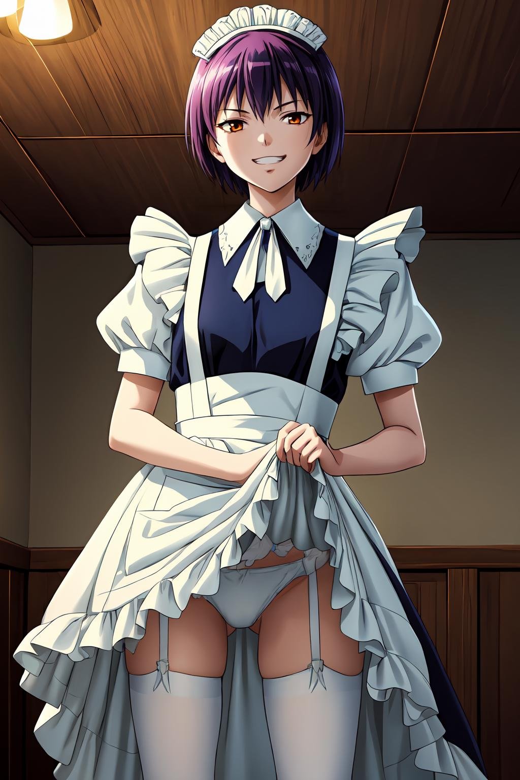 (masterpiece, best quality:1.2), game cg, extremely detailed CG, 4k, 8k, 1girl, solo, evil grin,MaidMaki_V1, purple hair, short hair, bangs, brown eyes, orange eyes, maid headdress,maid, blue dress, white apron, maid apron, frills, puffy sleeves, short sleeves, white collar, white neck ribbon, white thighhighs, white garter straps, white garter belt, white panties,standing, dress lift, lifted by self, showing panties,indoors, western architecture, looking at viewer,<lora:add_detail_CyberAlchemist:0.4>, <lora:GoodHands-beta2:0.8>, <lora:MaidMakiV1:1>