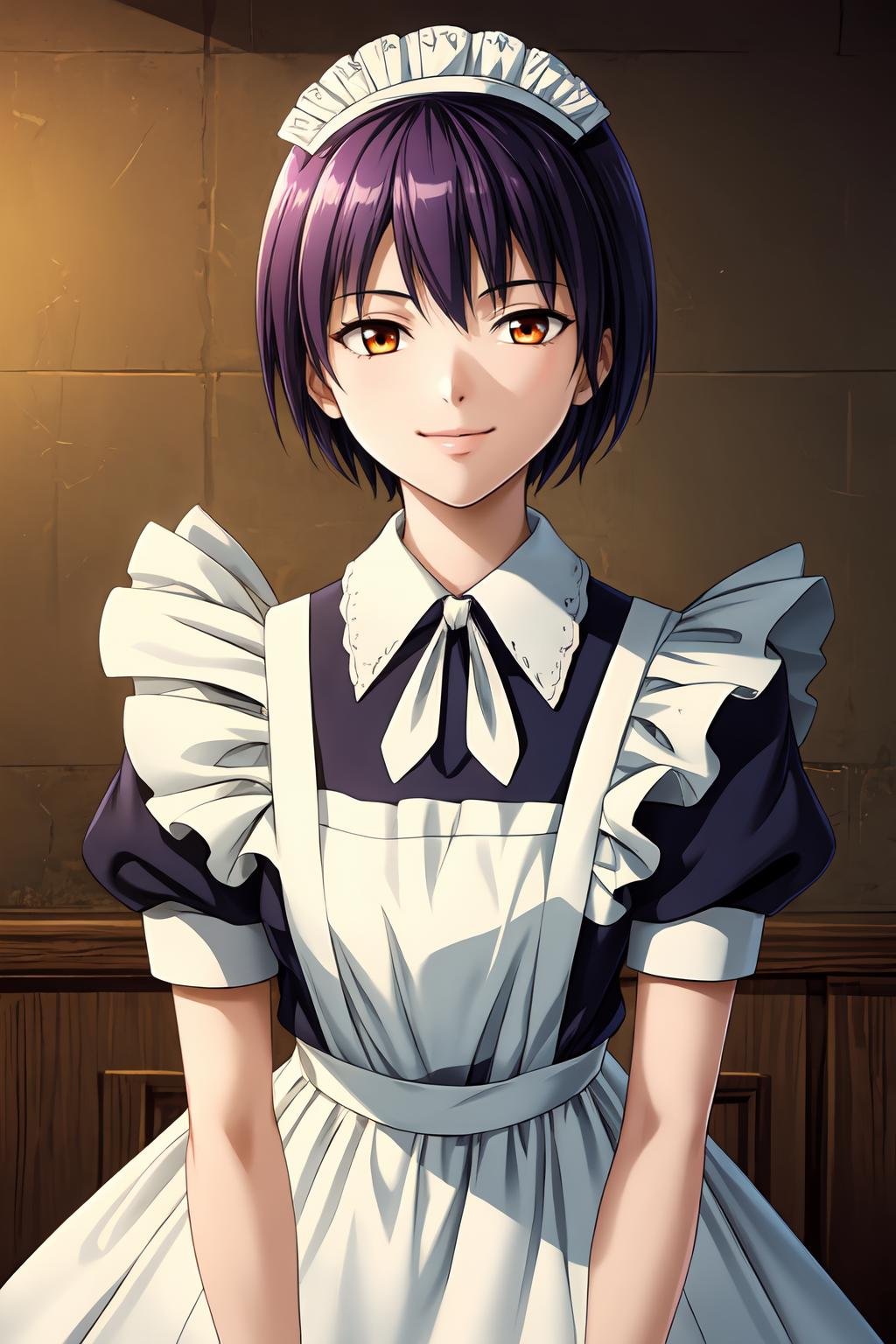 (masterpiece, best quality:1.2), game cg, extremely detailed CG, 4k, 8k, 1girl, solo, light smile, MaidMaki_V1, purple hair, short hair, bangs, brown eyes, orange eyes, maid headdress, maid, blue dress, white apron, maid apron, frills, puffy sleeves, short sleeves, white collar, white neck ribbon, upper body, looking at viewer, <lora:add_detail_CyberAlchemist:0.4>, <lora:GoodHands-beta2:0.8>, <lora:MaidMakiV1_1-000010:1>