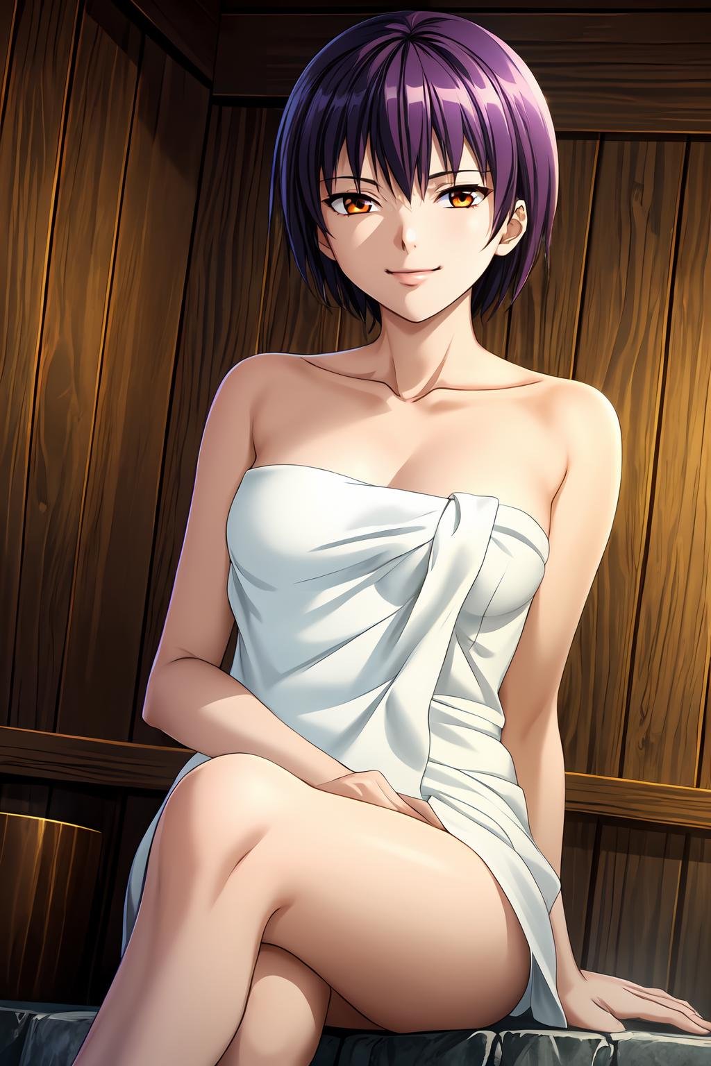 (masterpiece, best quality:1.2), game cg, extremely detailed CG, 4k, 8k, 1girl, solo, seductive smile, closed mouth,MaidMaki_V1, purple hair, short hair, bangs, brown eyes, orange eyes,naked towel, collarbone, bare shoulders, sitting, crossed legs,indoors, onsen, looking at viewer,<lora:add_detail_CyberAlchemist:0.4>, <lora:GoodHands-beta2:1>, <lora:MaidMakiV1:1>