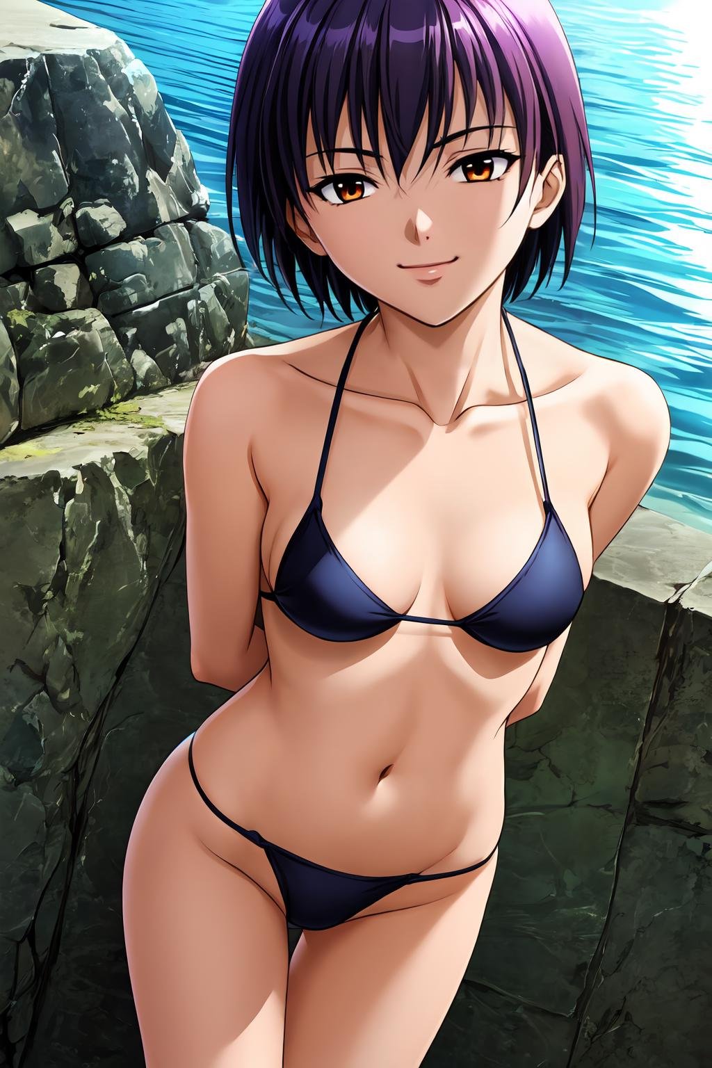 (masterpiece, best quality:1.2), game cg, extremely detailed CG, 4k, 8k, 1girl, solo, seductive smile, MaidMaki_V1, purple hair, short hair, bangs, brown eyes, orange eyes, medium breasts, black micro bikini, standing, arms behind back, leaning forward, outdoors, beach, summer, ocean, looking at viewer, cowboy shot, from above, <lora:add_detail_CyberAlchemist:0.4>, <lora:GoodHands-beta2:0.8>, <lora:MaidMakiV1_1-000010:1>