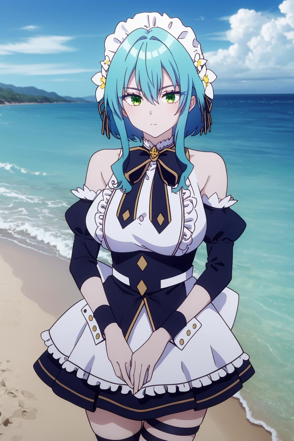 masterpiece, best quality, highly detailed, villhaze, green eyes, hair between eyes, blue hair, bare shoulders, large breasts, maid headdress, short hair, frills, closed mouth, detached sleeves, ribbon, maid, black bow, hair ornament, hair flower, white flower, beach, day, water, outdoor, short dress, thigh strap, sidelocks, two-tone dress, white wrist cuffs, yellow ribbon, black sleeves, <lora:villhaze-05:1>