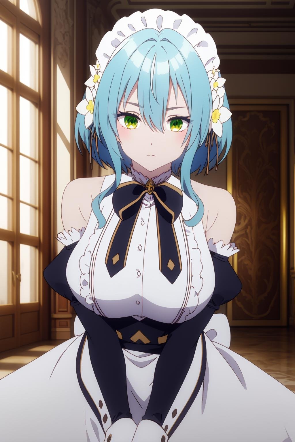 masterpiece, best quality, highly detailed, villhaze, green eyes, hair between eyes, blue hair, short hair, large breasts, hair ornament, hair flower, white flower, bare shoulders, maid headdress, frills, detached sleeves, maid, black bow, short dress, thigh strap, sidelocks, two-tone dress, white wrist cuffs, yellow ribbon, black sleeves, <lora:villhaze:1>