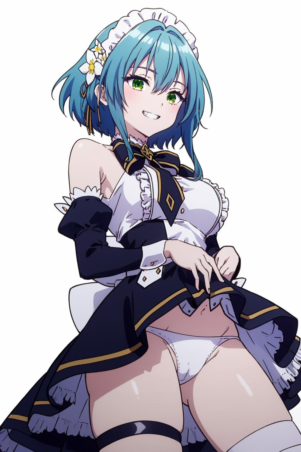 masterpiece, best quality, highly detailed, villhaze, green eyes, hair between eyes, blue hair, bare shoulders, large breasts, maid headdress, short hair, frills, detached sleeves, ribbon, maid, black bow, hair ornament, hair flower, white flower, short dress, thigh strap, sidelocks, two-tone dress, white wrist cuffs, yellow ribbon, black sleeves, (simple background:1.3), thigh, from below, (white background:1.2), white panties, holding skirt, show panties, grin, <lora:villhaze-05:1>