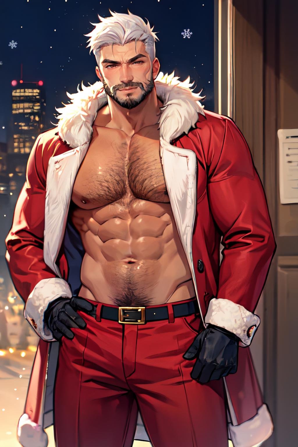 <lora:male_santa_outfit-off:1> male santa, pectorals, facial hair, solo, 1boy, male focus, bara, muscular male, beard, chest hair, red pants, mature male, large pectorals, short hair, abs, santa costume, white hair, navel hair, nipples, pants, mustache, christmas, bare pectorals, navel, fur trim, gloves, looking at viewer, open clothes, stomach, old man, fur-trimmed jacket