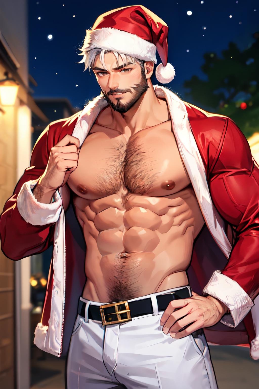 <lora:male_santa_outfit-off:1>male santa, 1boy, muscular, male focus, solo, pectorals, abs, muscular male, bara, facial hair, hat, nipples, large pectorals, santa hat, topless male, mature male, navel, pants, beard, chest hair, short hair, belt, red pants, christmas, white hair, santa costume