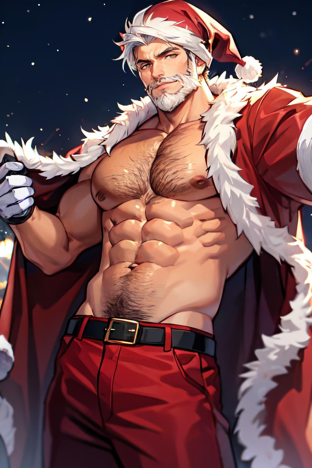 <lora:male_santa_outfit-off:1> male santa, pectorals, facial hair, solo, 1boy, male focus, bara, muscular male, beard, chest hair, red pants, mature male, large pectorals, short hair, abs, santa costume, white hair, navel hair, nipples, pants, mustache, christmas, bare pectorals, navel, fur trim, gloves, looking at viewer, open clothes, stomach, old man, fur-trimmed jacket