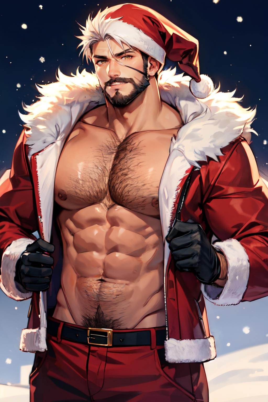 <lora:male_santa_outfit-off:1> male santa, pectorals, facial hair, solo, 1boy, male focus, bara, muscular male, beard, chest hair, red pants, mature male, large pectorals, short hair, abs, santa costume, white hair, navel hair, nipples, pants, mustache, christmas, bare pectorals, navel, fur trim, gloves, looking at viewer, open clothes, stomach, old man, fur-trimmed jacket