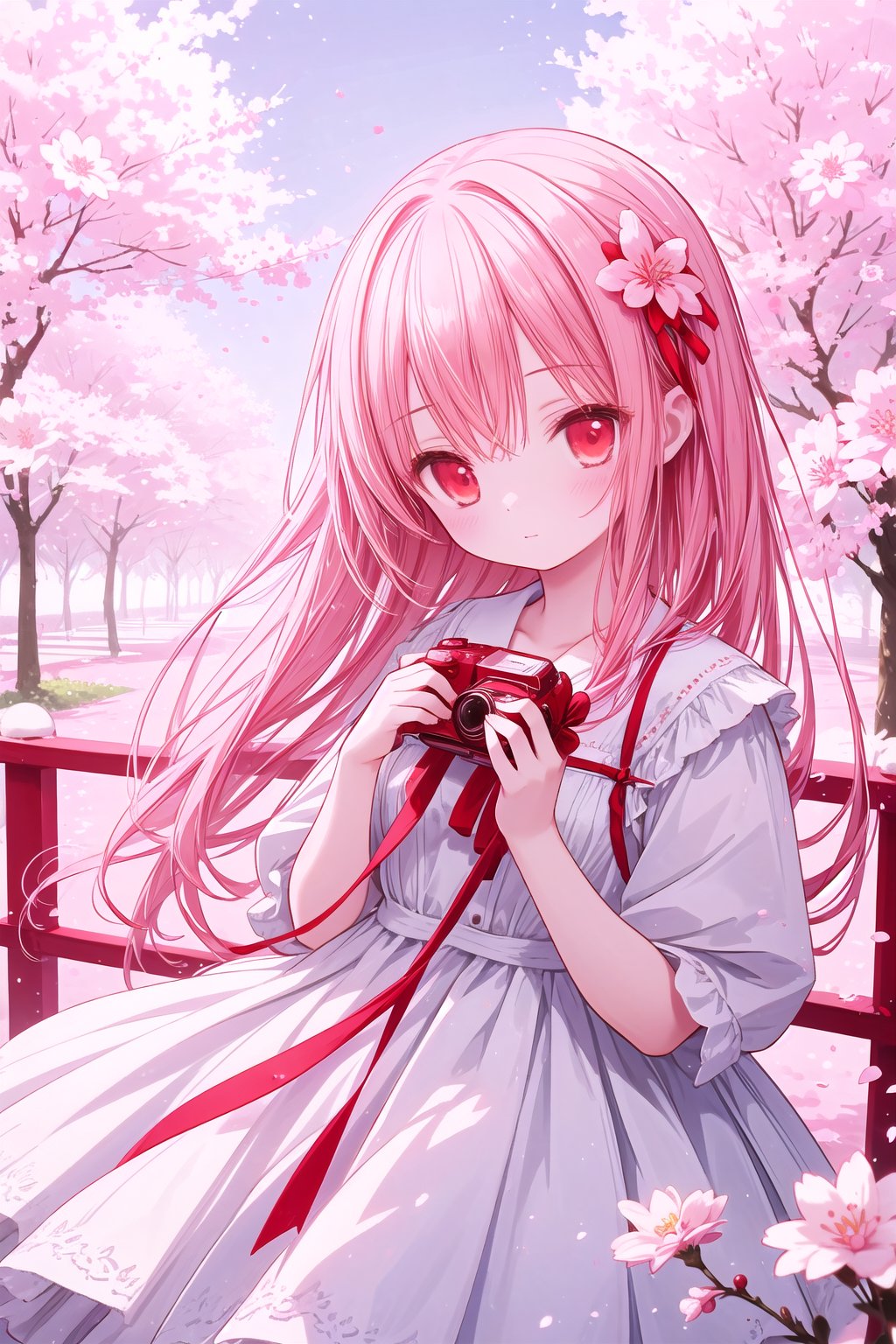 The image features a beautiful anime girl dressed in a flowing white and red dress, standing amidst a flurry of red cherry blossoms. The contrast between her white dress and the red flowers creates a striking visual effect. The lighting in the image is well-balanced, casting a warm glow on the girl and the surrounding flowers. The colors are vibrant and vivid, with the red cherry blossoms standing out against the white sky. The overall style of the image is dreamy and romantic, perfect for a piece of anime artwork. The quality of the image is excellent, with clear details and sharp focus. The girl's dress and the flowers are well-defined, and the background is evenly lit, without any harsh shadows or glare. From a technical standpoint, the image is well-composed, with the girl standing in the center of the frame, surrounded by the blossoms. The use of negative space in the background helps to draw the viewer's attention to the girl and the flowers. The cherry blossoms, often associated with transience and beauty, further reinforce this theme. The girl, lost in her thoughts, seems to be contemplating the fleeting nature of beauty and the passage of time. Overall, this is an impressive image that showcases the photographer's skill in capturing the essence of a scene, as well as their ability to create a compelling narrative through their art.