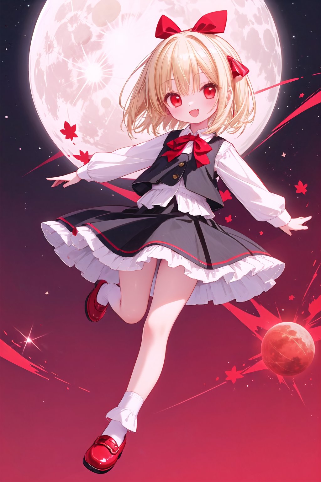 1girl,rumia,solo,blonde hair,skirt,red eyes,shirt,short hair,vest,long sleeves,black skirt,red ribbon,white shirt,ribbon,hair ribbon,black vest,frills,socks,looking at viewer,open mouth,white socks,fang,shoes,frilled skirt,mary janes,tongue,smile,moon,red footwear,bangs,skin fang,