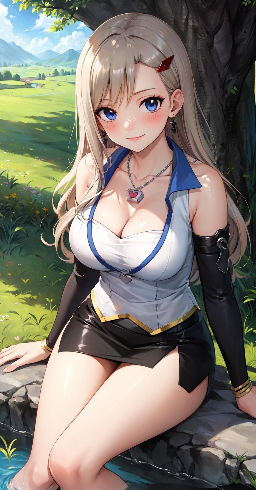 masterpiece, best quality, highres, RebeccaDef, rebecca bluegarden, 1girl, solo, looking at viewer, sitting, blue eyes, blonde hair, blush, smile, large breasts, hair ornament, long hair, breasts, skirt, cleavage, bare shoulders, jewelry, heart, thighs, earrings, detached sleeves, hairclip, shiny, miniskirt, black skirt, necklace, shiny skin, side slit, pendant, pencil skirt, <lora:LoRA_Rebecca:1>, blush, field, grass, forest, sunlight, cloudy, 