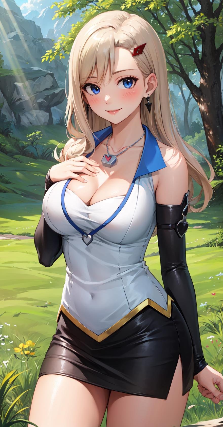 masterpiece, best quality, highres, RebeccaDef, rebecca bluegarden, 1girl, solo, looking at viewer, cowboy shot, blue eyes, blonde hair, blush, smile, large breasts, hair ornament, long hair, breasts, skirt, cleavage, bare shoulders, jewelry, heart, thighs, earrings, detached sleeves, hairclip, shiny, miniskirt, black skirt, necklace, shiny skin, side slit, pendant, pencil skirt, hands on own chest, <lora:LoRA_Rebecca:1>, blush, field, grass, forest, sunlight, cloudy, 