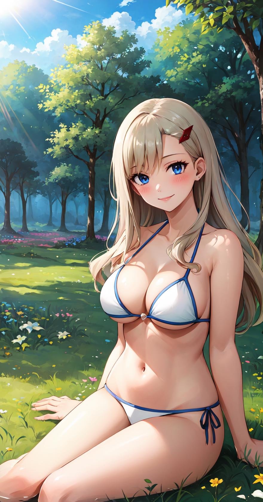 masterpiece, best quality, highres, RebeccaDef, rebecca bluegarden, 1girl, solo, looking at viewer, sitting, blue eyes, blonde hair, blush, smile, large breasts, hair ornament, long hair, breasts, bikini, side-tie bikini bottom, white bikini, <lora:LoRA_Rebecca:1>, blush, field, grass, forest, sunlight, cloudy, 