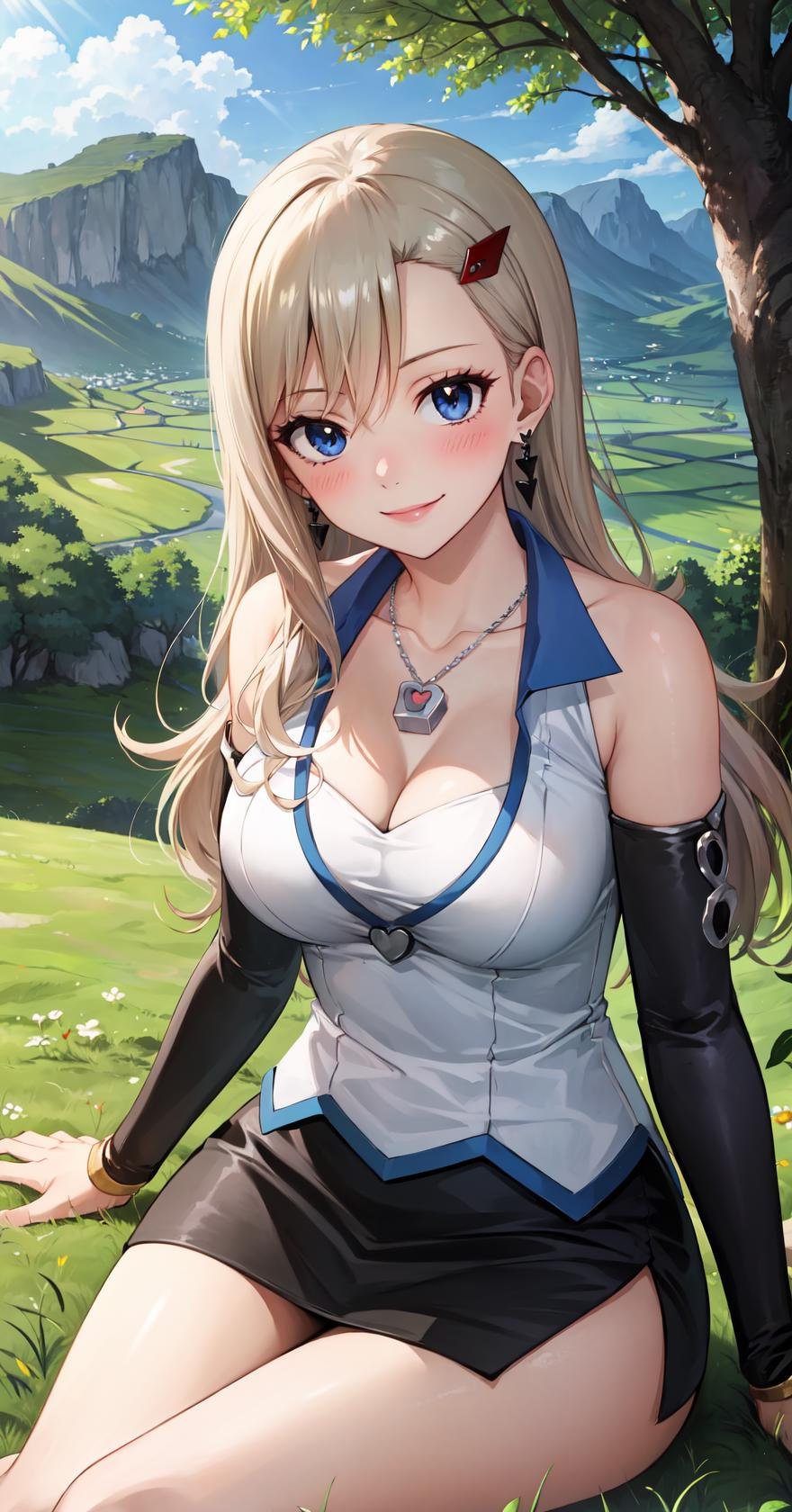 masterpiece, best quality, highres, RebeccaDef, rebecca bluegarden, 1girl, solo, looking at viewer, sitting, blue eyes, blonde hair, blush, smile, large breasts, hair ornament, long hair, breasts, skirt, cleavage, bare shoulders, jewelry, heart, thighs, earrings, detached sleeves, hairclip, shiny, miniskirt, black skirt, necklace, shiny skin, side slit, pendant, pencil skirt, <lora:LoRA_Rebecca:1>, blush, field, grass, forest, sunlight, cloudy, 