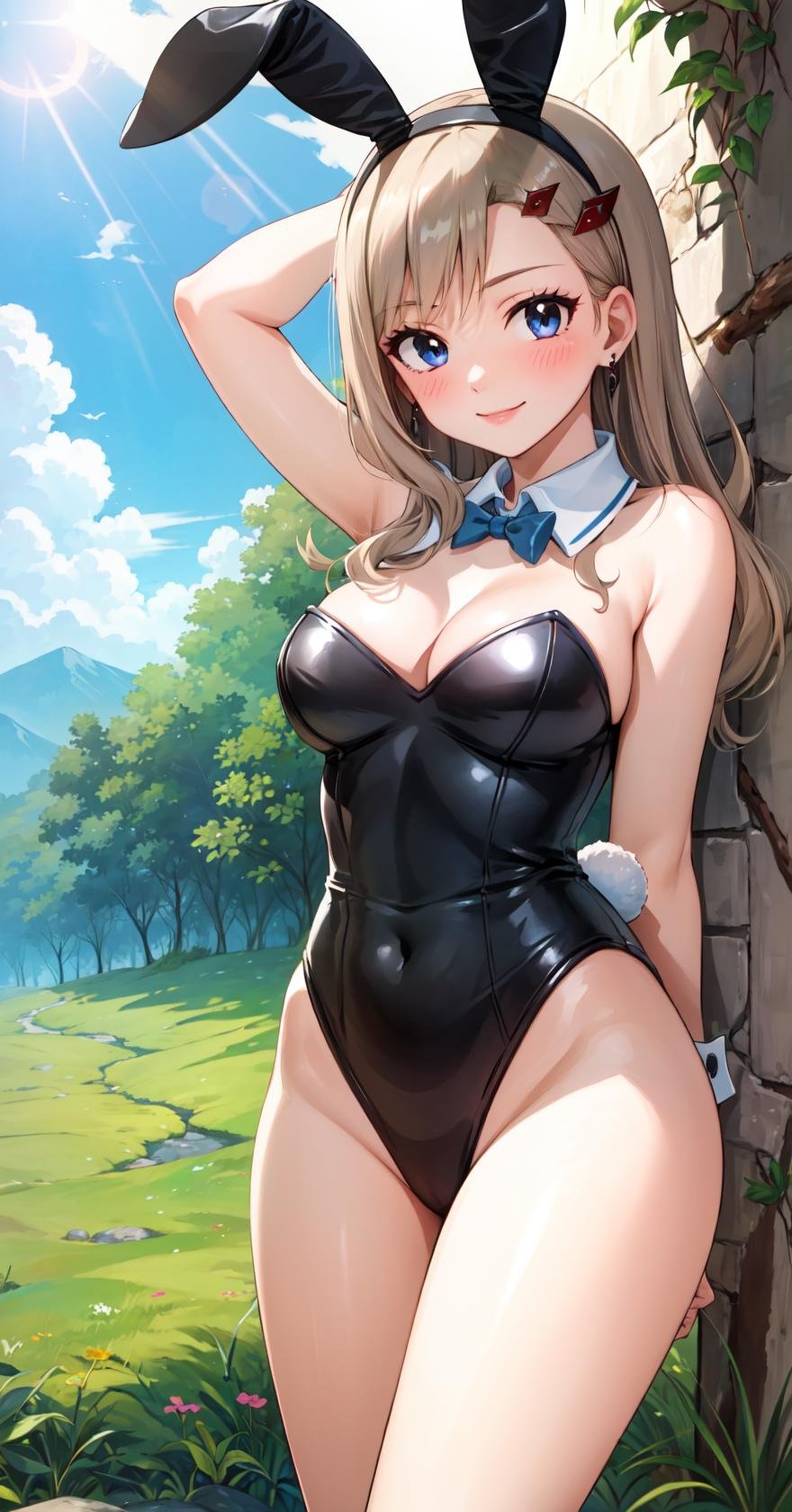 masterpiece, best quality, highres, <lora:Concept_Bunny:1>,RebeccaDef, 1girl, solo, looking at viewer, cowboy shot, blue eyes, blonde hair, blush, smile, large breasts, hair ornament, long hair, breasts, animal ears, playboy bunny, rabbit ears, fake rabbit ears, fake animal ears, strapless, strapless leotard, detached collar, bare shoulders, bowtie, bow, wrist cuffs, arms behind back, <lora:LoRA_Rebecca:1>, blush, field, grass, forest, sunlight, cloudy, rebecca bluegarden,