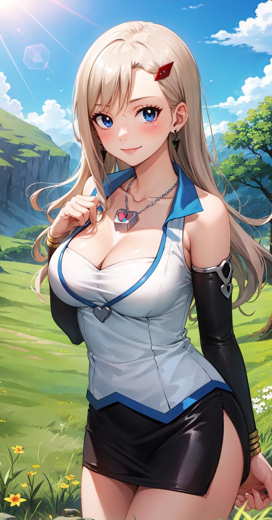 masterpiece, best quality, highres, RebeccaDef, 1girl, solo, looking at viewer, cowboy shot, blue eyes, blonde hair, blush, smile, large breasts, hair ornament, long hair, breasts, skirt, cleavage, bare shoulders, jewelry, heart, thighs, earrings, detached sleeves, hairclip, shiny, miniskirt, black skirt, necklace, shiny skin, side slit, pendant, pencil skirt, hands on own chest, <lora:LoRA_Rebecca:1>, blush, field, grass, forest, sunlight, cloudy, 