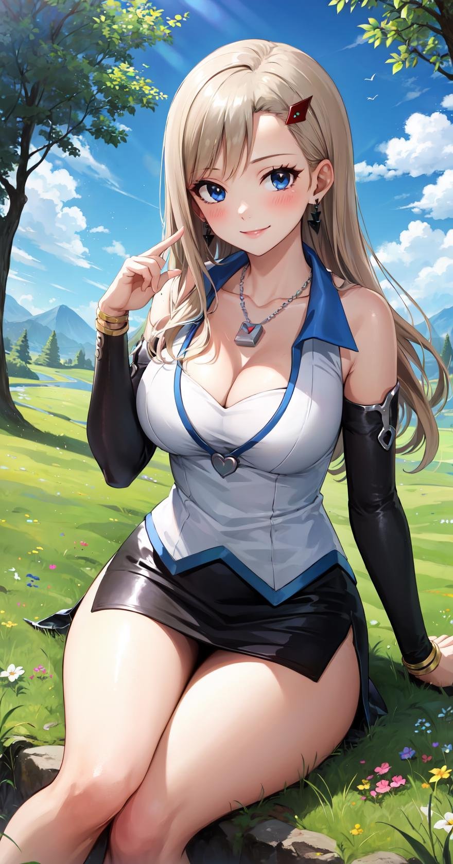 masterpiece, best quality, highres, RebeccaDef, rebecca bluegarden, 1girl, solo, looking at viewer, sitting, blue eyes, blonde hair, blush, smile, large breasts, hair ornament, long hair, breasts, skirt, cleavage, bare shoulders, jewelry, heart, thighs, earrings, detached sleeves, hairclip, shiny, miniskirt, black skirt, necklace, shiny skin, side slit, pendant, pencil skirt, <lora:LoRA_Rebecca:1>, blush, field, grass, forest, sunlight, cloudy, 