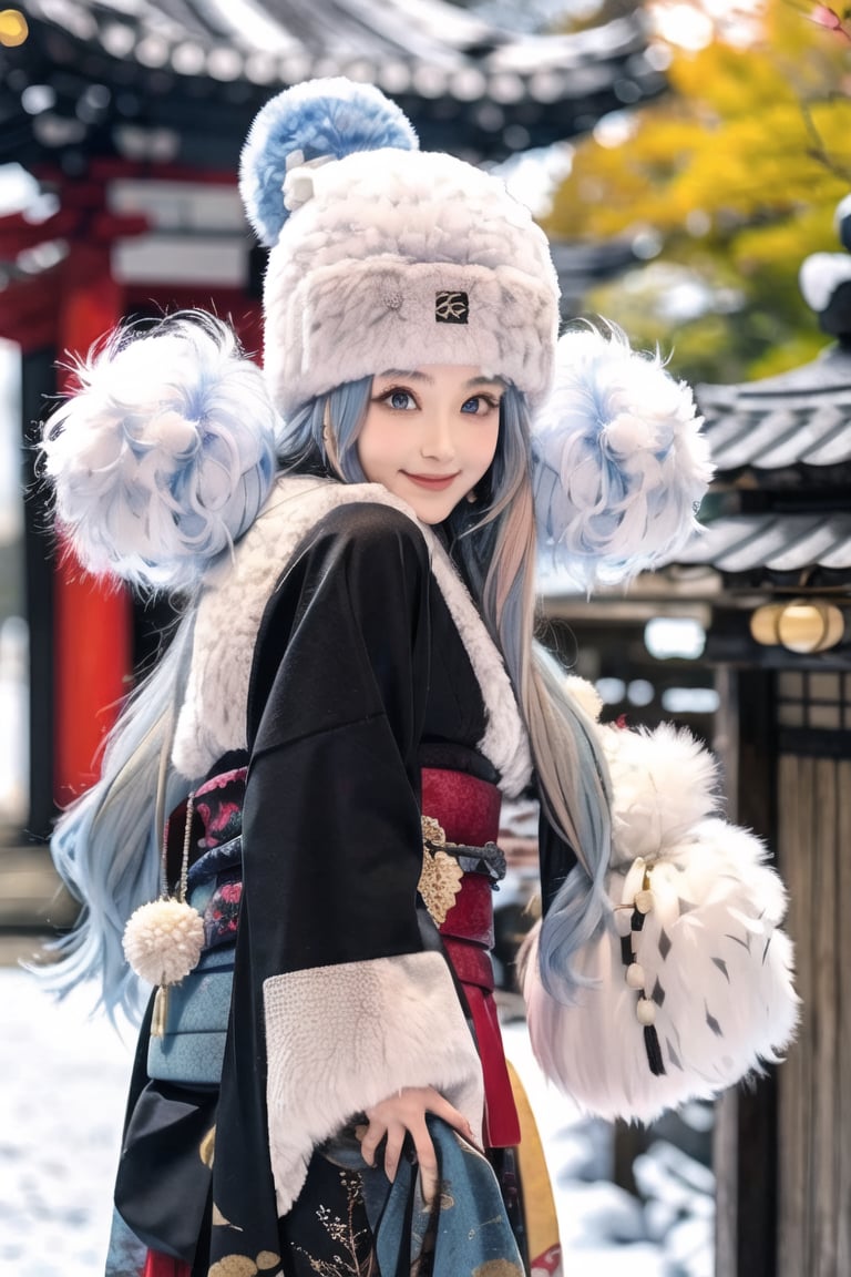 1girl, architecture, superhero landingblue_eyes, blurry, blurry_background, building, cosplay_photo, depth_of_field, earrings, feather_boa, fur, fur-trimmed_coat, fur-trimmed_jacket, fur-trimmed_kimono, fur-trimmed_sleeves, fur_cape, fur_coat, fur_collar, fur_hat, fur_scarf, fur_trim, hat, japanese_clothes, jewelry, kimono, long_hair, blue hair, blue eyes, blush on, looking_at_viewer, outdoors, photo_\(medium\), pom_pom_\(clothes\), shrine, smile, solo, tree, upper_body, winter_clothes