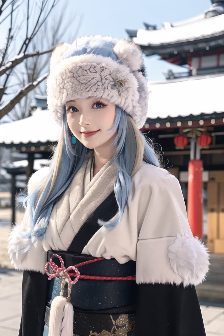 1girl, architecture, blue_eyes, blurry, blurry_background, building, cosplay_photo, depth_of_field, earrings, feather_boa, fur, fur-trimmed_coat, fur-trimmed_jacket, fur-trimmed_kimono, fur-trimmed_sleeves, fur_cape, fur_coat, fur_collar, fur_hat, fur_scarf, fur_trim, hat, japanese_clothes, jewelry, kimono, long_hair, blue hair, blue eyes, blush on, looking_at_viewer, outdoors, photo_\(medium\), pom_pom_\(clothes\), shrine, smile, solo, tree, upper_body, winter_clothes  ,keqingdef