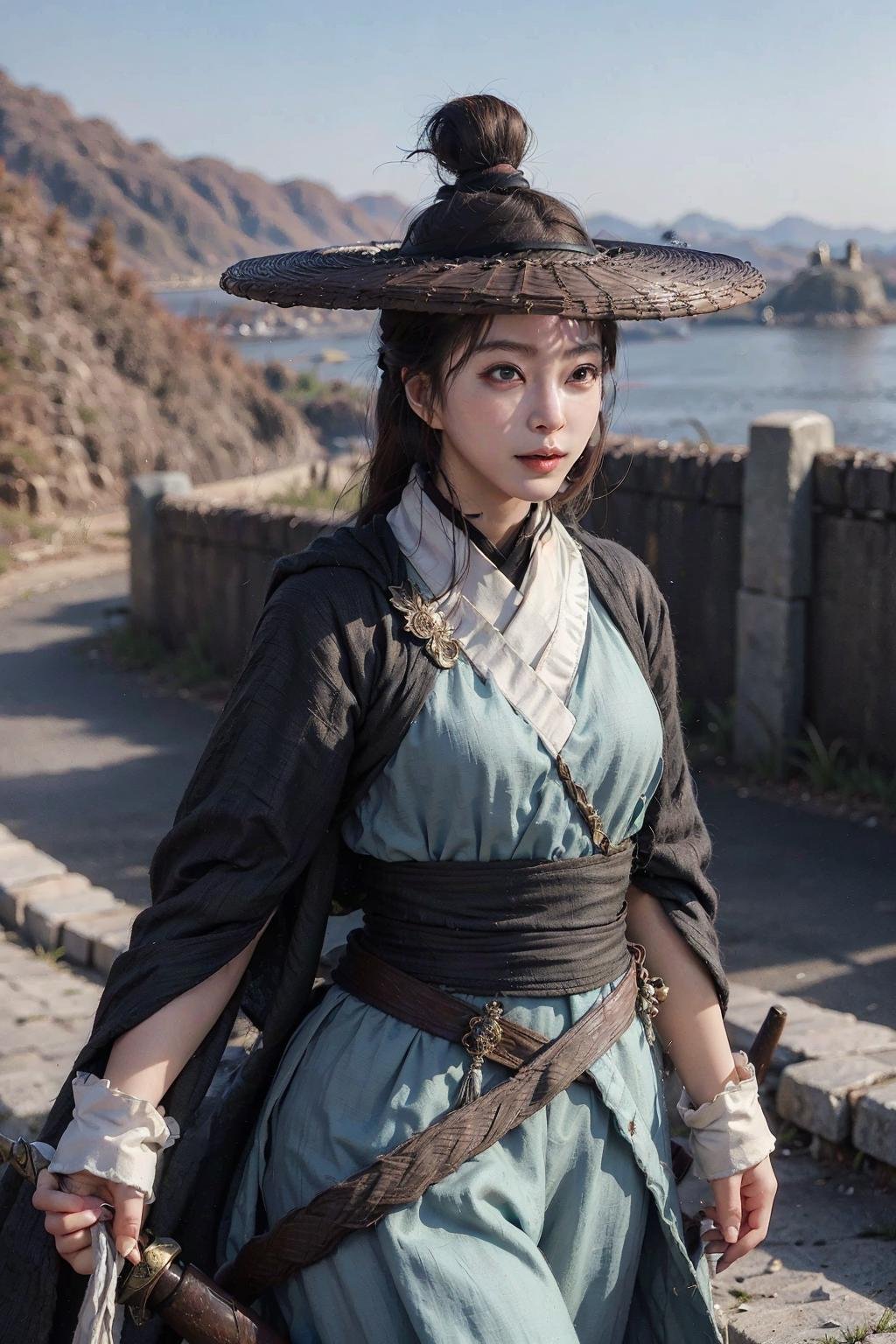 1girl dress like move The Flying Swords of Dragon Gate, grassland,Ancient Chinese fortresses background, city walls, cape, furry_coat, furry_cloak, linen_clothes, bamboo_hat, masterpiece, best quality, 8k, photorealistic,  <lora:Han_Ye_Seul_v3:1>