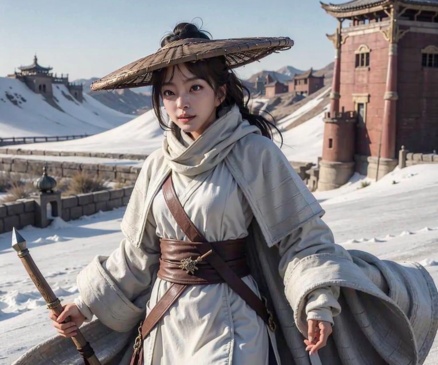 1girl dress like move The Flying Swords of Dragon Gate, Ancient Chinese fortresses background, city walls, cape, desert, snow, furry_coat, furry_cloak, snow, linen_clothes, bamboo_hat, masterpiece, best quality, 8k, photorealistic,  <lora:Han_Ye_Seul_v3:1>