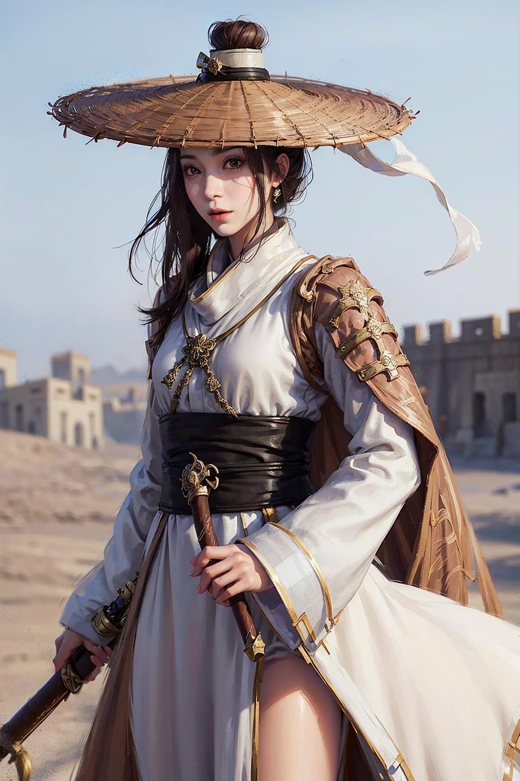 1girl dress like move The Flying Swords of Dragon Gate, Ancient Chinese fortresses background, city walls, cape, desert, snow, furry_coat, furry_cloak, snow, linen_clothes, bamboo_hat, masterpiece, best quality, 8k, photorealistic,  <lora:kayako_v10:0.5>