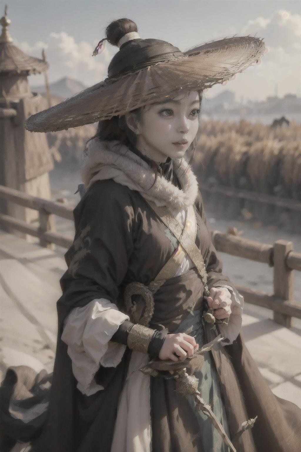 1girl dress like move The Flying Swords of Dragon Gate, grassland,Ancient Chinese fortresses background, city walls, cape, furry_coat, furry_cloak, linen_clothes, bamboo_hat, masterpiece, best quality, 8k, photorealistic,  <lora:Han_Ye_Seul_v3:1>