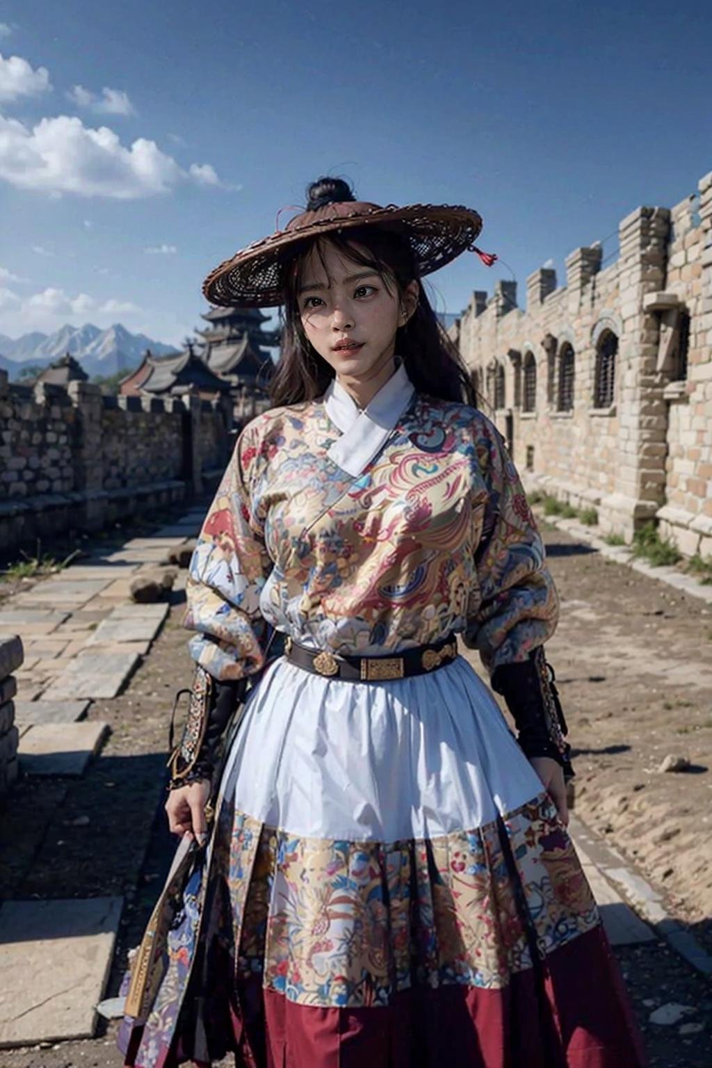 breasts outline, breast shape visible through clothing, big beautiful breasts,Ancient Chinese fortresses background, city walls,desert, 1girl,  masterpiece, 8k, best quality, photorealistic,    outdoor, stand, snow,    light white feiyufu, sword ,   