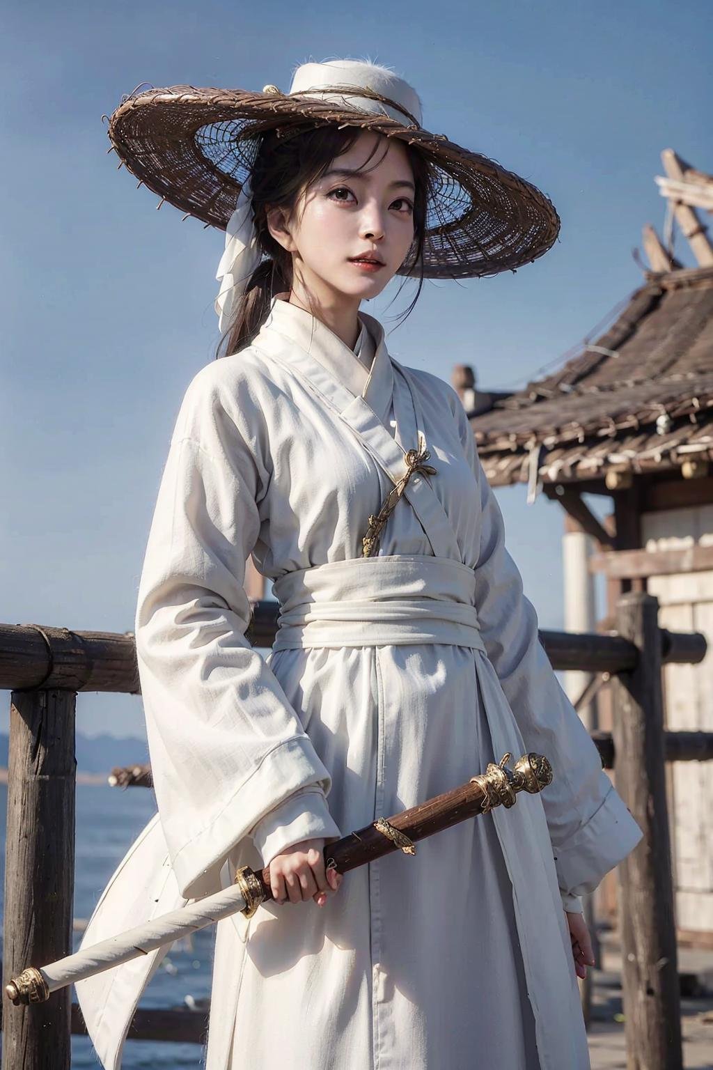 1girl dress like move The Flying Swords of Dragon Gate, white_linen_clothes, furry_coat, bamboo_hat, masterpiece, best quality, 8k, photorealistic,  <lora:Han_Ye_Seul_v3:1>