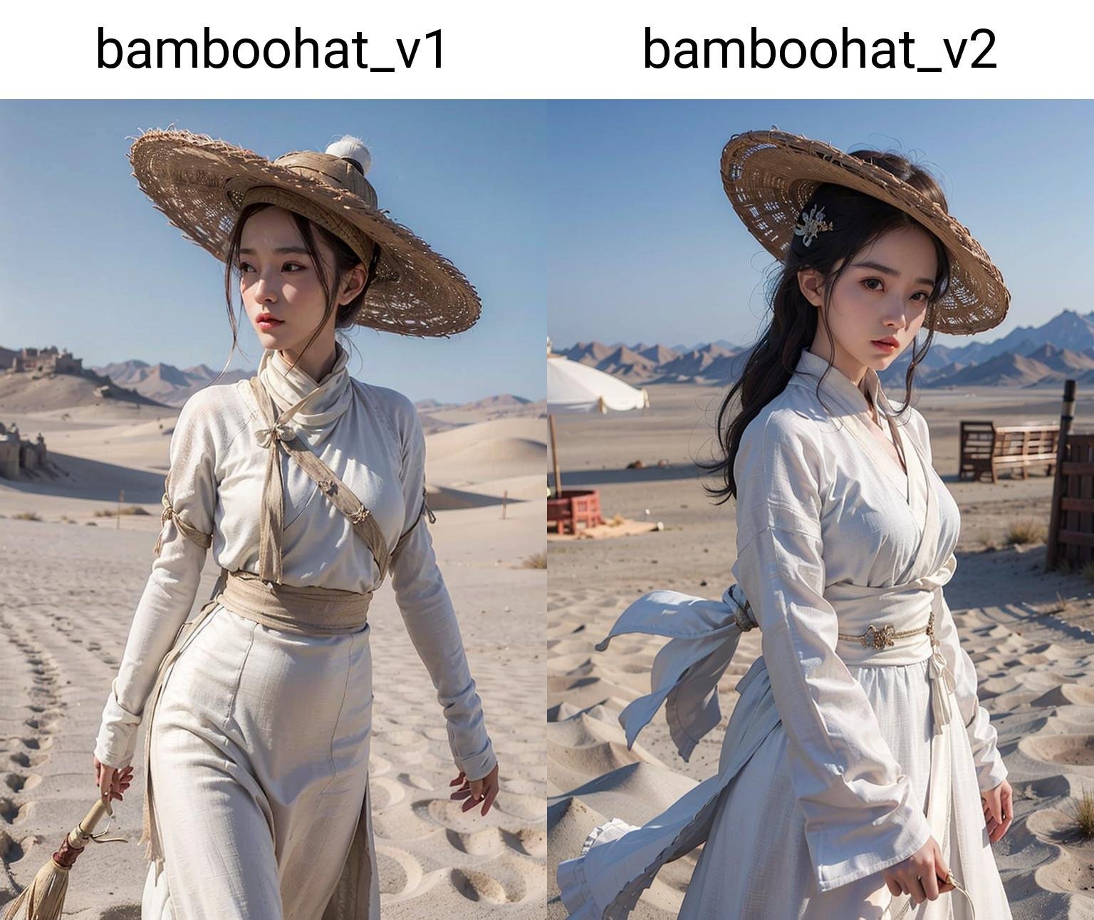 1girl dress like movie The Flying Swords of Dragon Gate, breasts_outline,  desert, sand, snow, white_linen_clothes, bamboo_hat, masterpiece, best quality, 8k, photorealistic, <lora:bamboohat_v1:0.44>