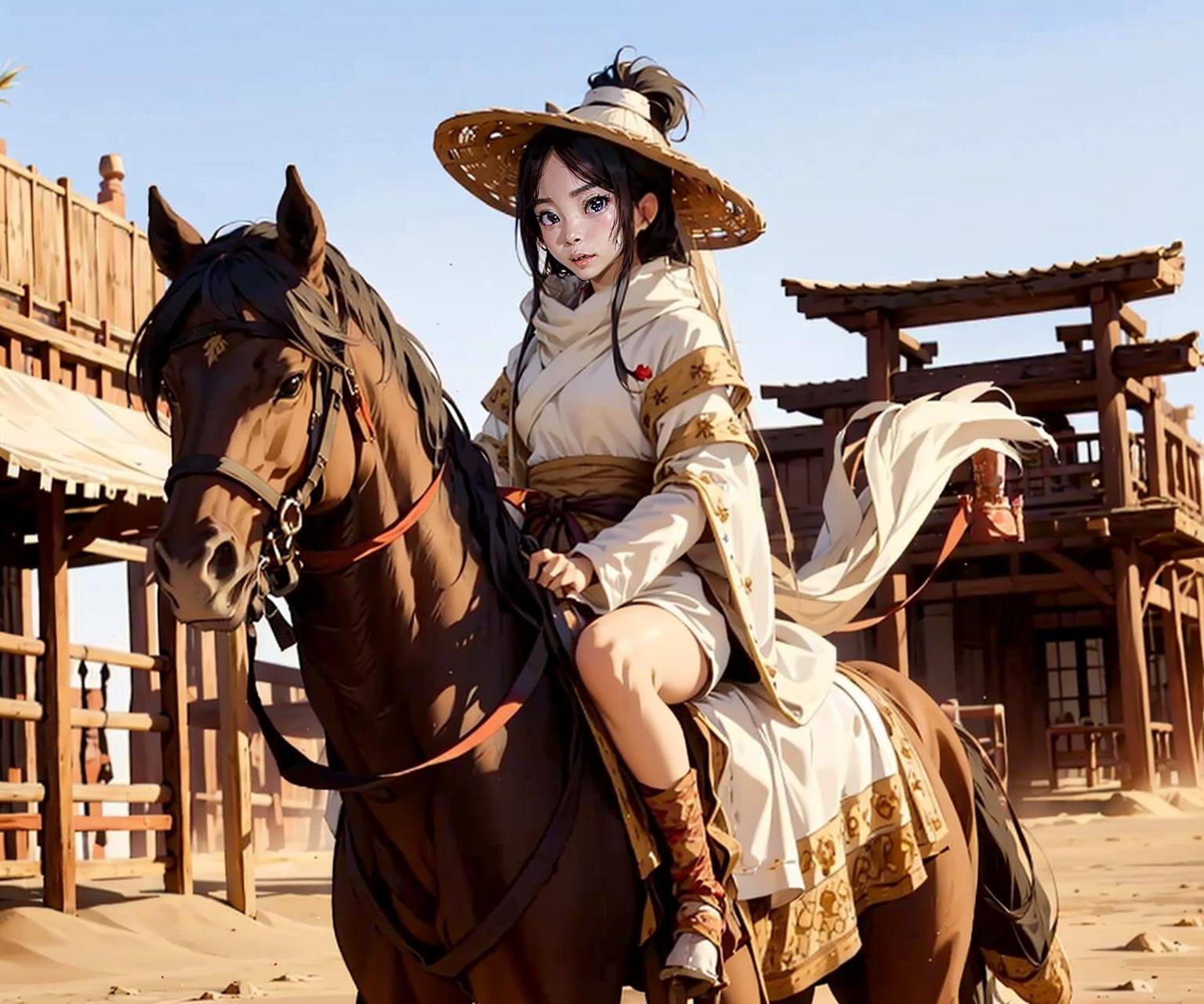 1girl dress like movie  New Dragon Gate Inn, desert, sand, bamboo_hat, furry_cape,furry_cloak,  furry_coat,  horseback_riding, horse,  outdoors,  riding, masterpiece, best quality, 8k, <lora:bamboohat_v2:0.66>