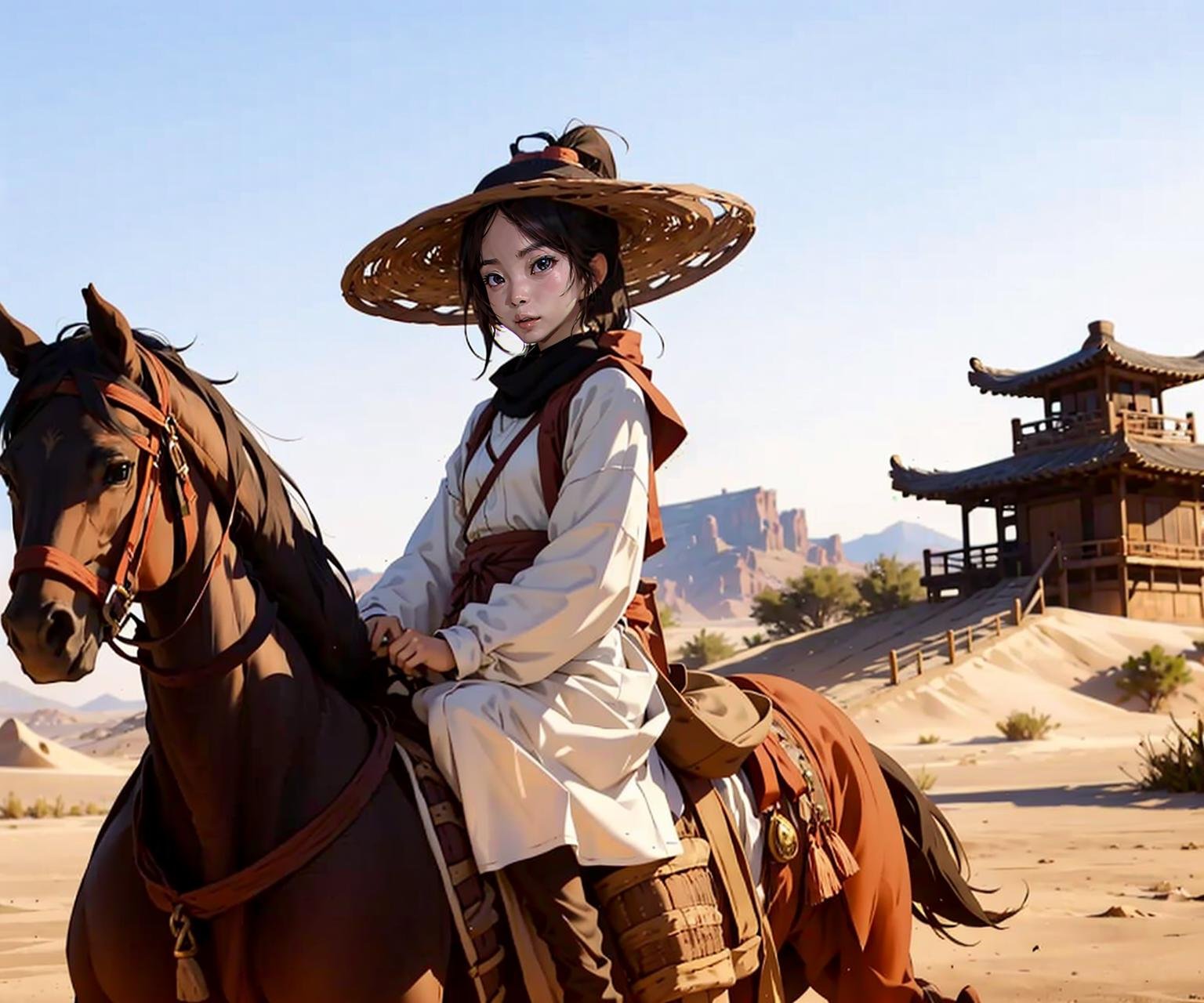 1girl dress like movie  New Dragon Gate Inn, desert, sand, bamboo_hat,   horseback_riding, horse,  outdoors,  riding, masterpiece, best quality, 8k, <lora:bamboohat_v2:0.66>