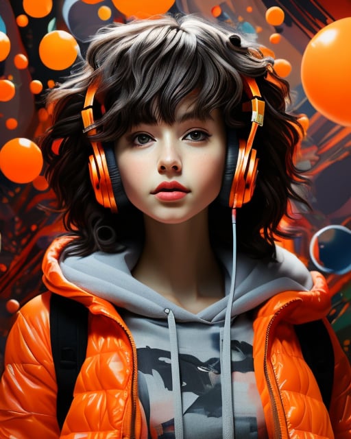 1 girl wearing headphones,Orange Girl 