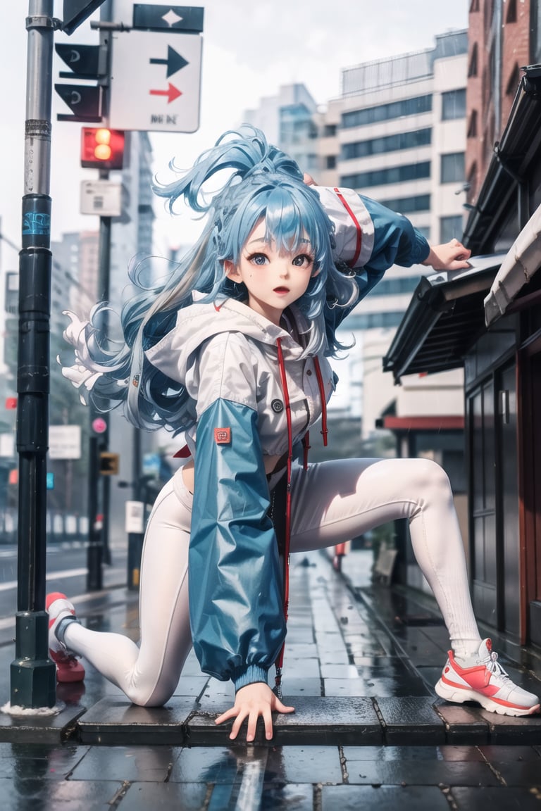 1 girl, kobokan, blue hair, wavy hair, detached_sleeves, raincoat, long_sleeves, hair accessories, white tight_legging, street, blurry_background, grounded, epic_shot