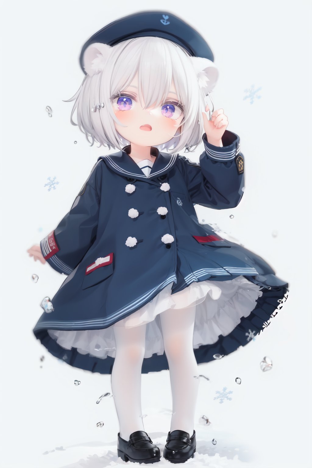 cute, Infant, solo blue shirt, blue sailor coat, loli, full body, white hair, snow leopard ear, white background, pink eyes, laugh, happy, white pantihose, white pantyhose, red armband