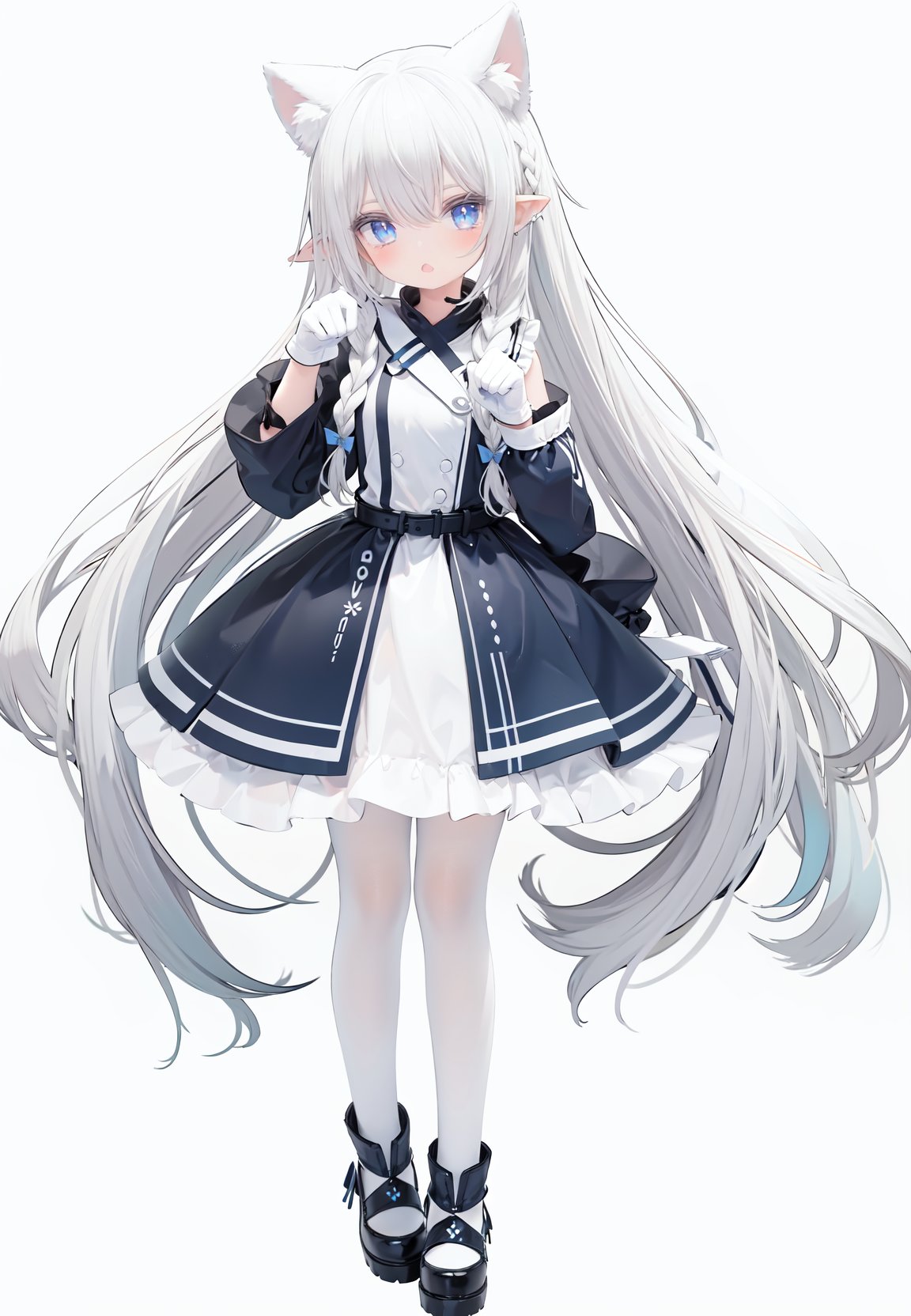 1girl,  white_gloves,  braid,  full_body,  gloves,  long_hair,  official_alternate_costume,  pointy_ears,  simple_background,  solo,  standing,  very_long_hair,  white_background, white hair, blue eyes, paw claw pose,  open_mouth