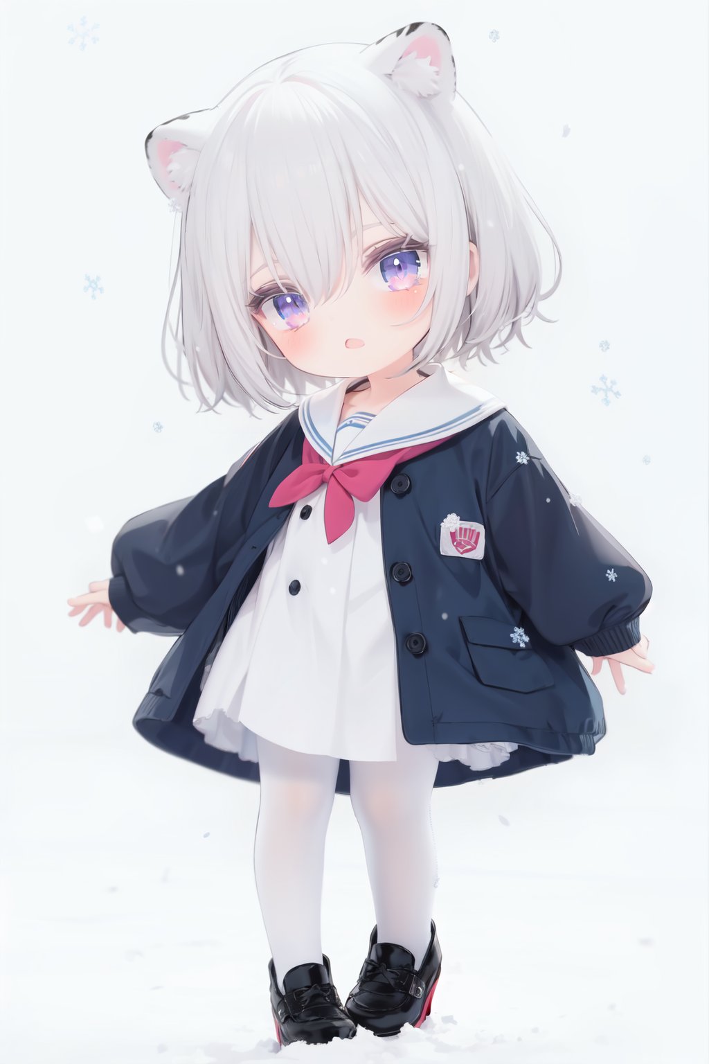 cute, Infant, solo blue shirt, blue sailor coat, loli, full body, white hair, snow leopard ear, white background, pink eyes, laugh, happy, white pantihose, white pantyhose, red armband