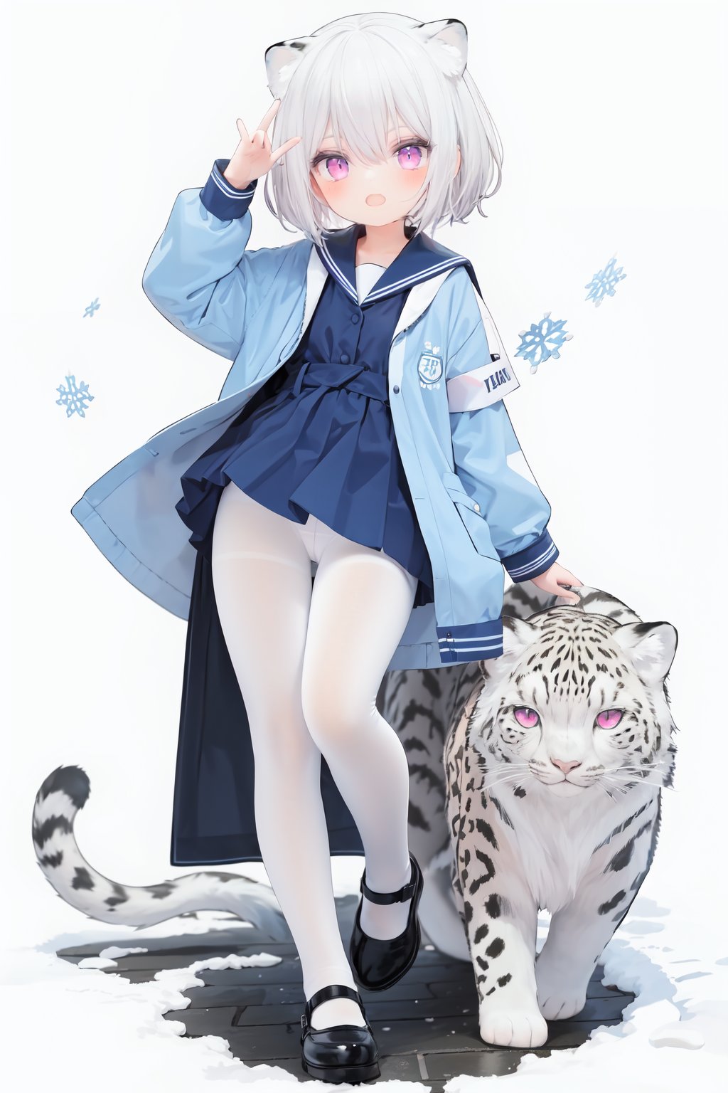 cute,solo blue shirt,blue sailor coat,loli,full body,white hair,snow leopard ear,white background,pink eyes,laugh,happy,white pantihose,white pantyhose,red armband,