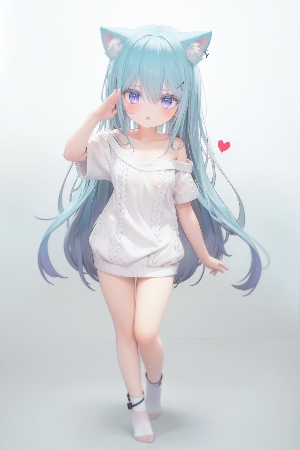  petite, loli, solo, animal ears, heart, puffy short sleeves, blue hair, long hair, off shoulder, bangs, hair ornament, gradient background,rainbow gradient, x hair ornament, animal ear fluff, looking at viewer, very long hair, blush, smile, cat ears, bare shoulders, collarbone, hand up, gradient sweater, hair between eyes, symbol-shaped pupils, arm up, heart-shaped pupils, hairclip, medium breasts, salute, bare legs,full body