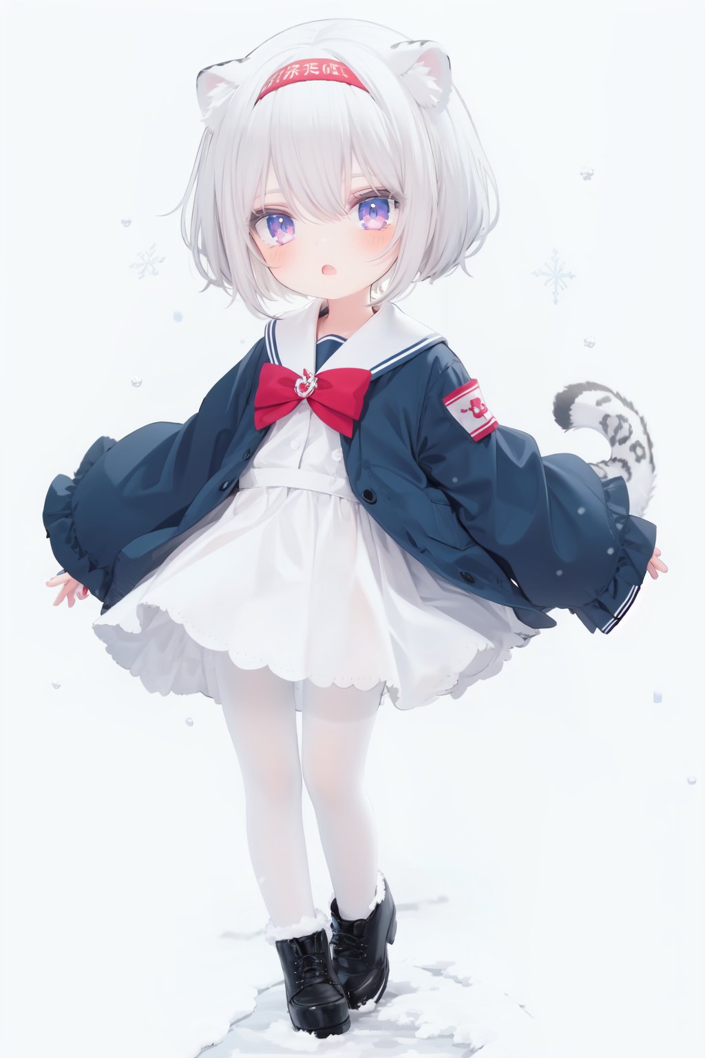 cute, Infant, solo blue shirt, blue sailor coat, loli, full body, white hair, snow leopard ear, white background, pink eyes, laugh, happy, white pantihose, white pantyhose, red armband