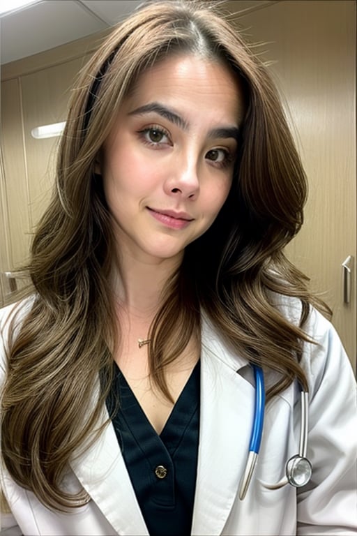 closeup cinematic image (cara Delevingne:0.6) of a female doctor in a hospital in a white doctor's blazer