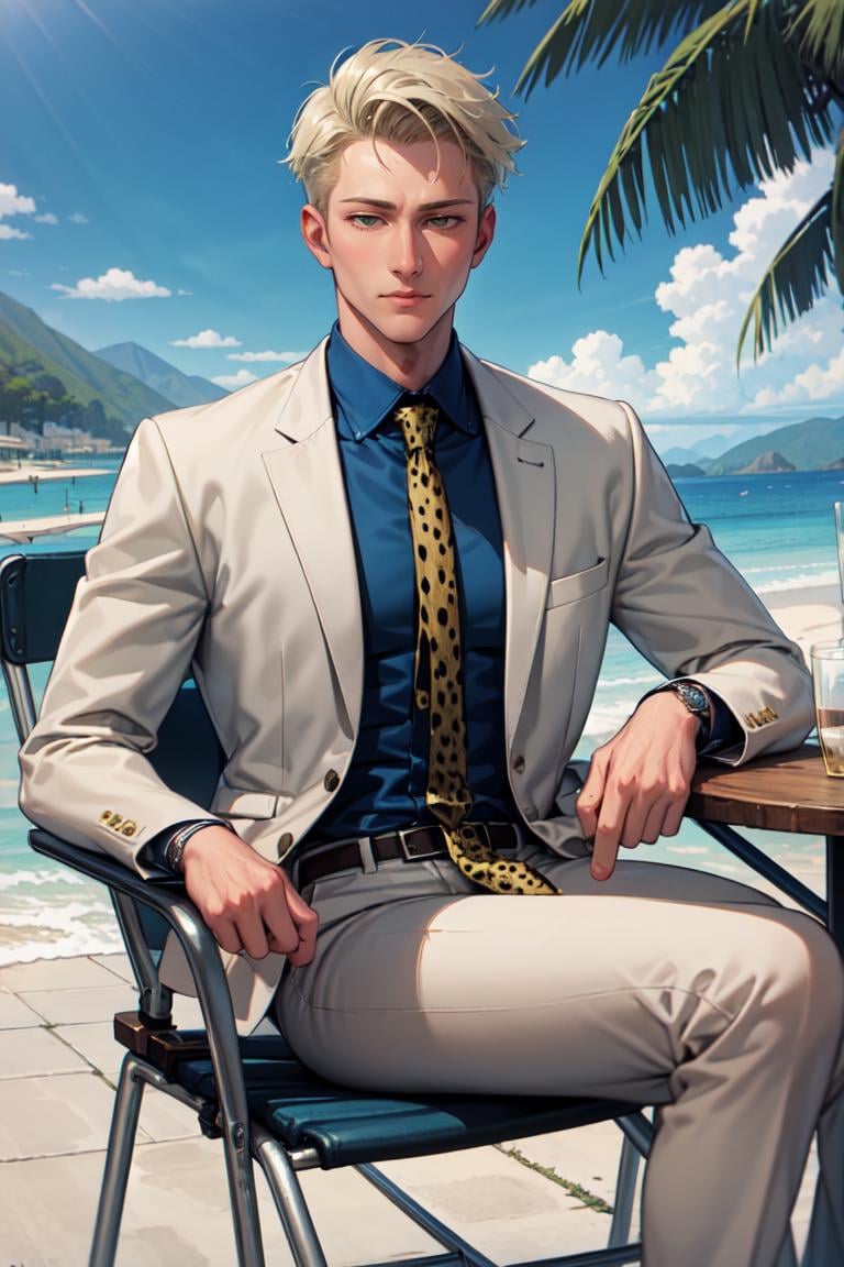 masterpiece, best quality, absurdres, NanamiBase, grey jacket, yellow necktie, leopard print, blue shirt, collared shirt, grey pants, sitting, outdoors, coffee, chair, table, <lora:KentoNanami:1>