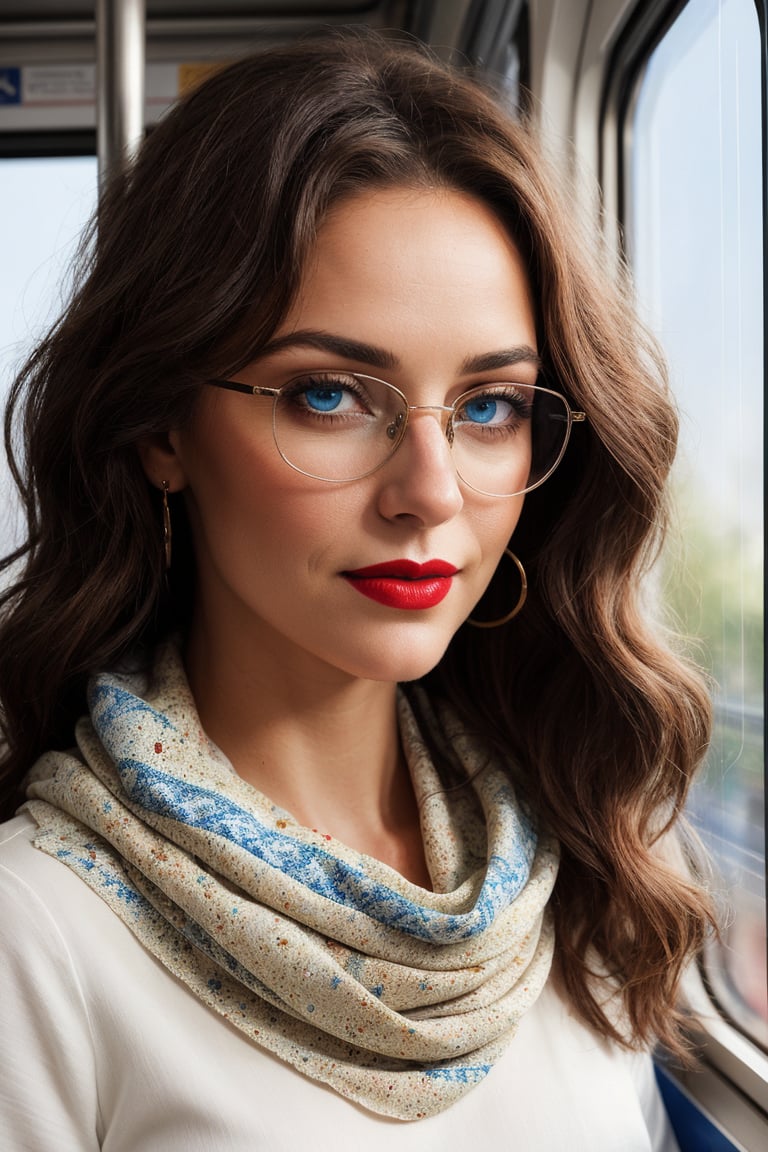 a portrait of a lovely woman with brown wavy hair and stunning blue eyes, red lipstip, sultry smile, riding on the train, wearing glasses, wearing a comfortable cotton shawl wrapped around her neck that is colored white with brown leaf patterns, she is shy and nerdy but has the facial structure of a supermodel, masterpiece, 8k, hyper detailed, impasto painting, rough brushwork, palette knife painting, visible canvas texture